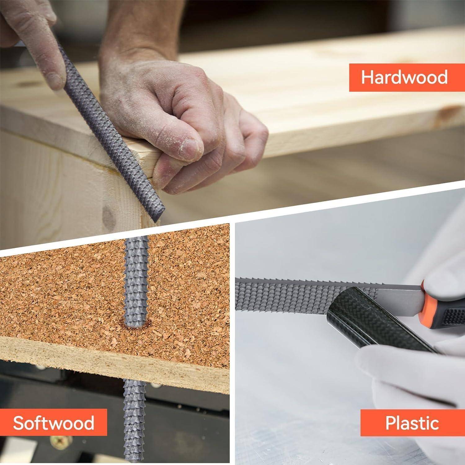 Eine Hand, die eine Raspel verwendet, um Kanten an drei Materialien zu glätten: Hartholz, Weichholz und Kunststoff. Beschriftungen zeigen den jeweiligen Materialtyp an.
