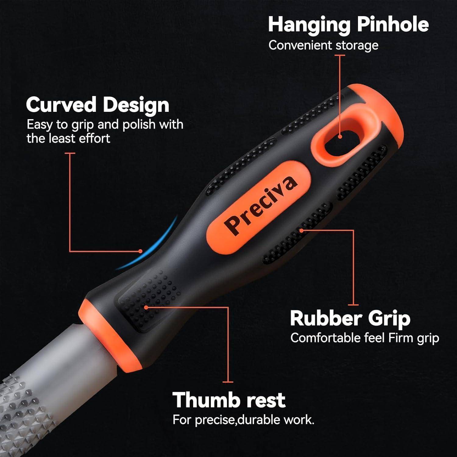 Ein Dateigriff mit ergonomischen Designmerkmalen: geschwungener Griff, Gummimaterial für festen Halt, Daumenauflage für Präzision und Aufhängeloch zur Aufbewahrung.