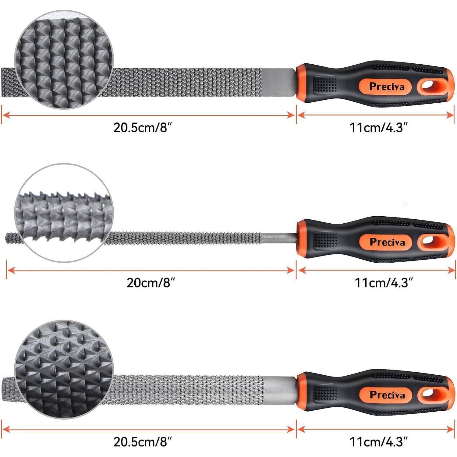 Drei Metallfeilen mit strukturierten Oberflächen und schwarz-orangefarbenen Griffen, beschriftet mit 'Preciva'. Abmessungen: 20,5 cm und 11 cm Griffe.