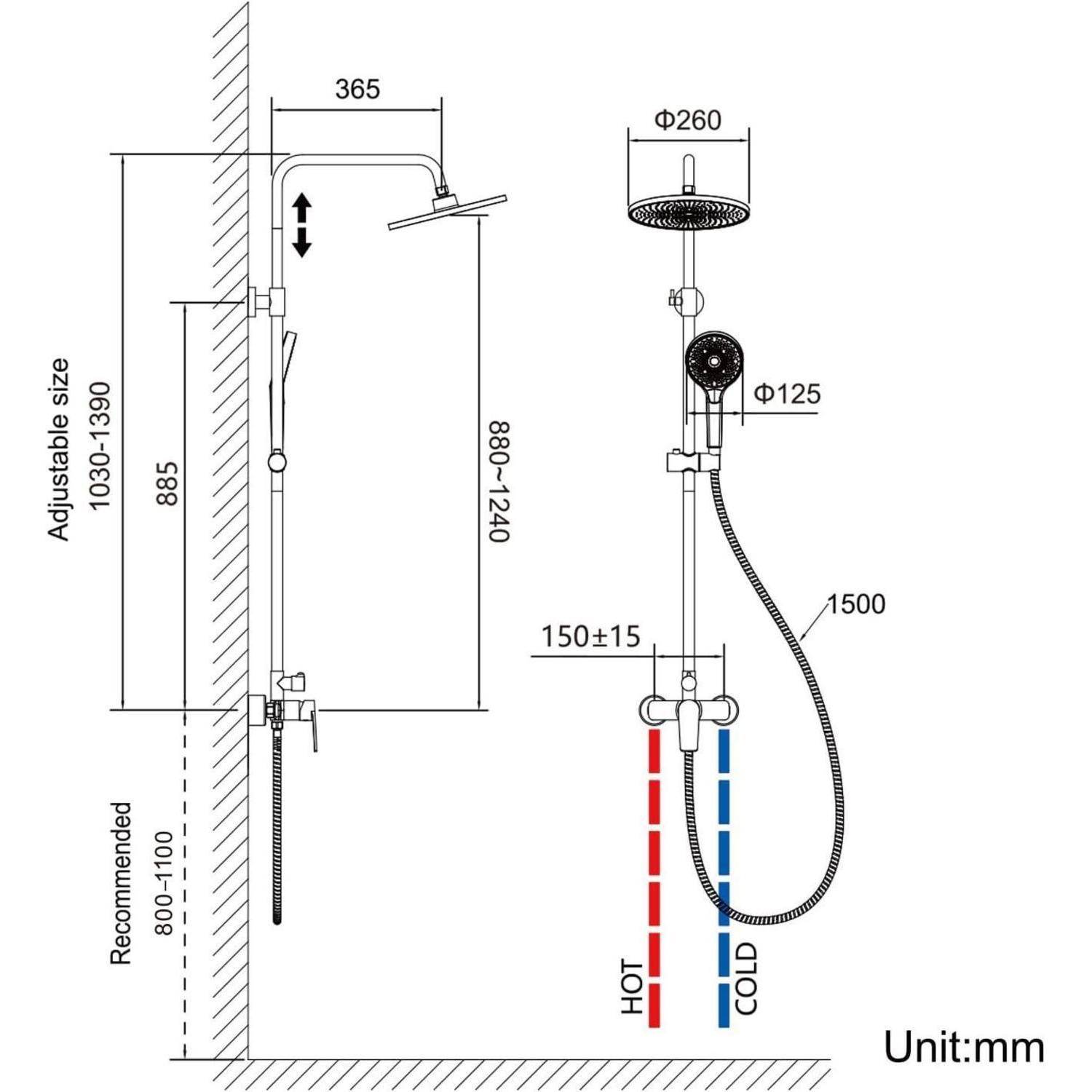 Diagramm eines Duschsystems mit Maßangaben in Millimetern: Höhenverstellbar 1030-1390, Duschkopfdurchmesser 260, Schlaunchlänge 1500. Warmwasser- und Kaltwasseranschlüsse sind gekennzeichnet.