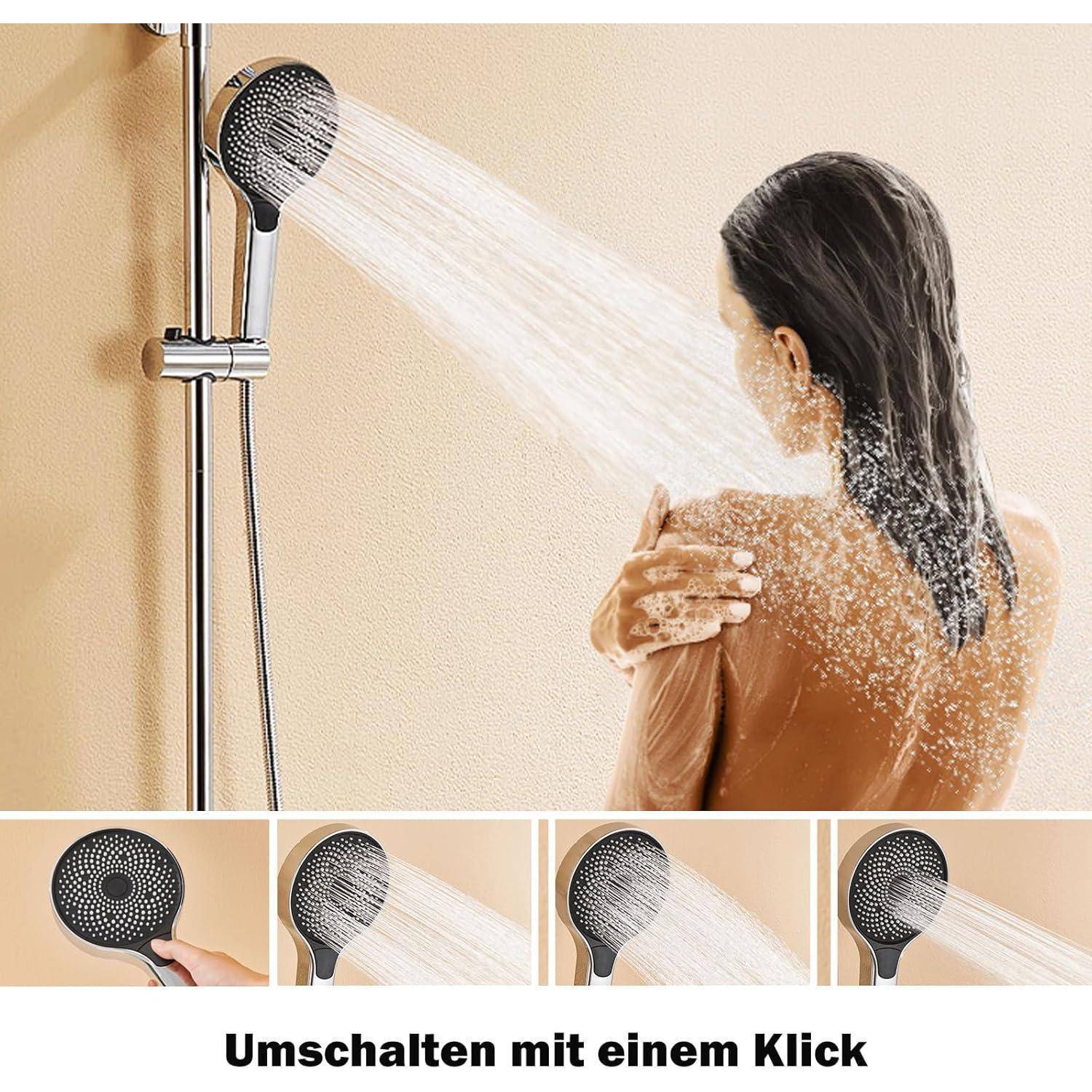 Person, die mit einem verstellbaren Handbrause duscht und verschiedene Strahlarten wechselt. Bildunterschrift lautet: 