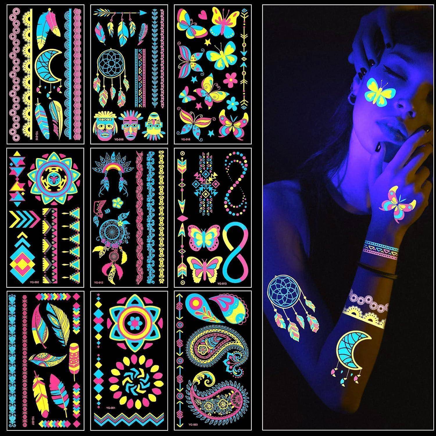 Neon Tattoos 9 Blätter Temporäre Schminke UV Body Painting Tätowierung
