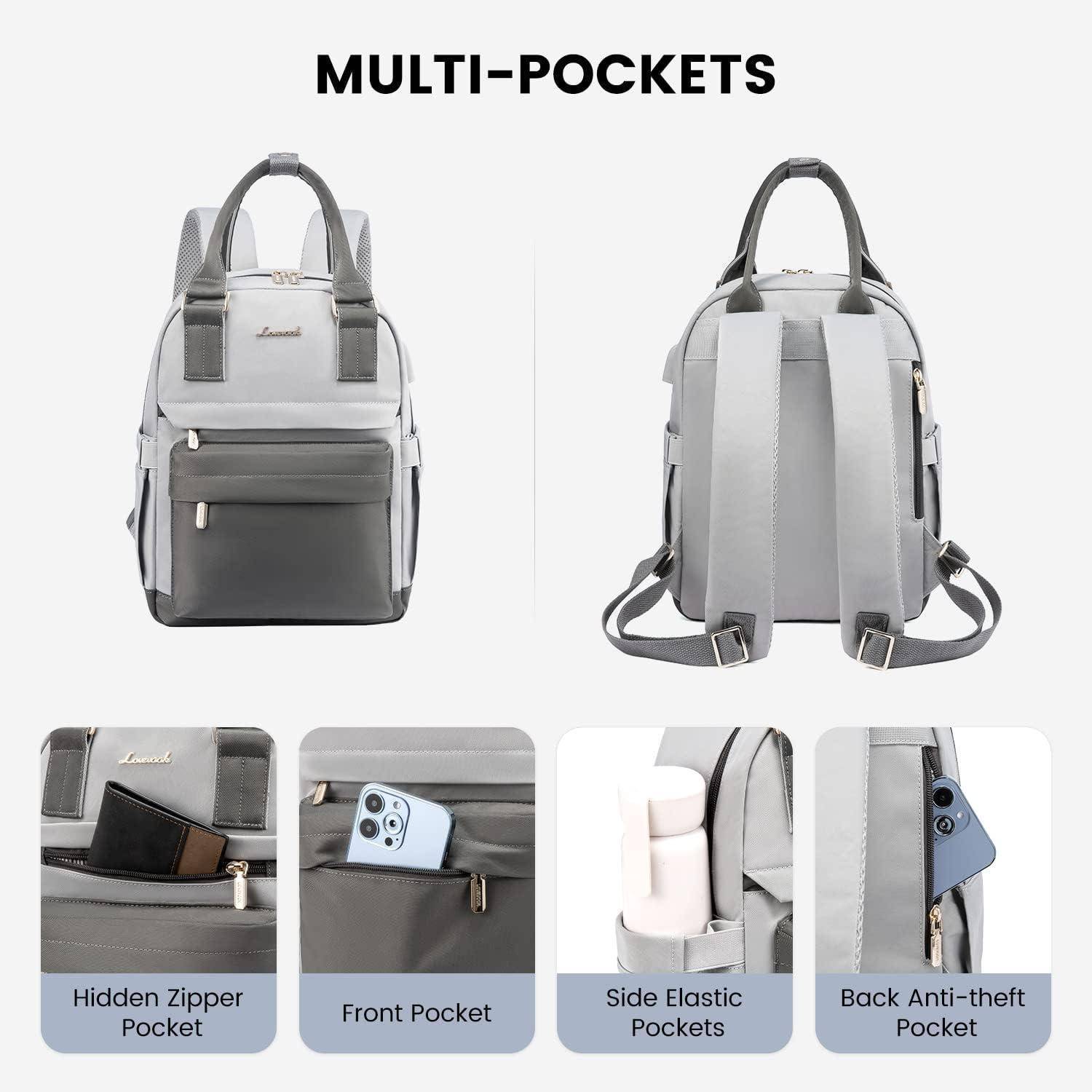 Rucksack mit Mehrfachtaschen und verstecktem Reißverschluss, vorderen und seitlichen Dehnungstaschen sowie Diebstahlsicherer Rückentasche. Graue Farbe, ideal für Reisen.