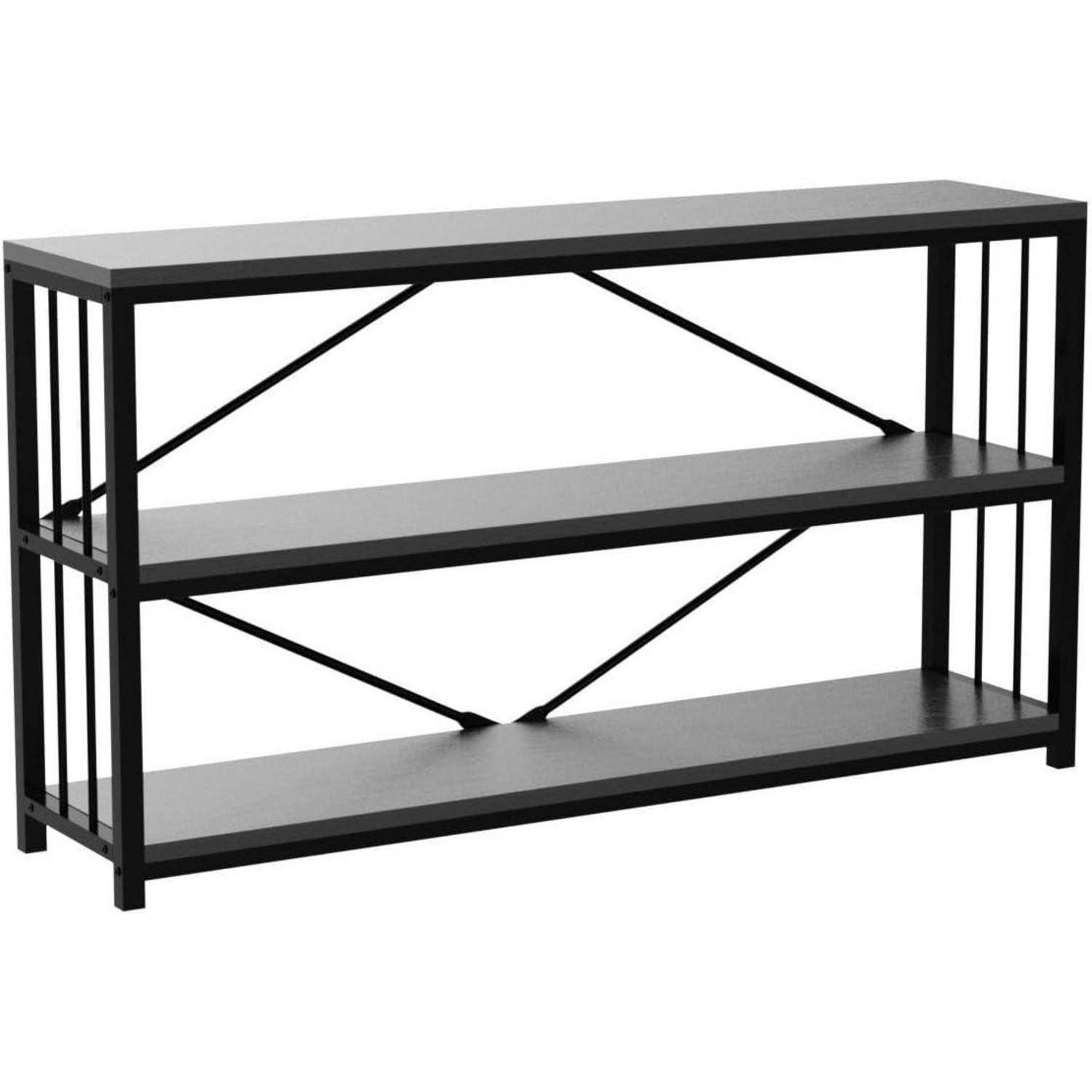 Schmaler Konsolentisch Holz Schwarz 3 Ebenen Bücherregal 140x34x75cm