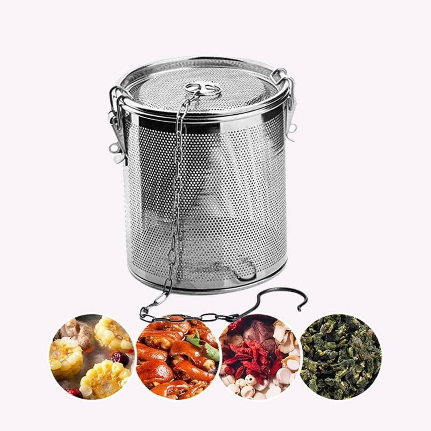 Ein Metallkorb mit Deckel und Kette, der zum Kochen oder Brühen verwendet wird. Darunter sind Bilder von Mais, Hühnchen, Gewürzen, Pilzen und Kräutern.