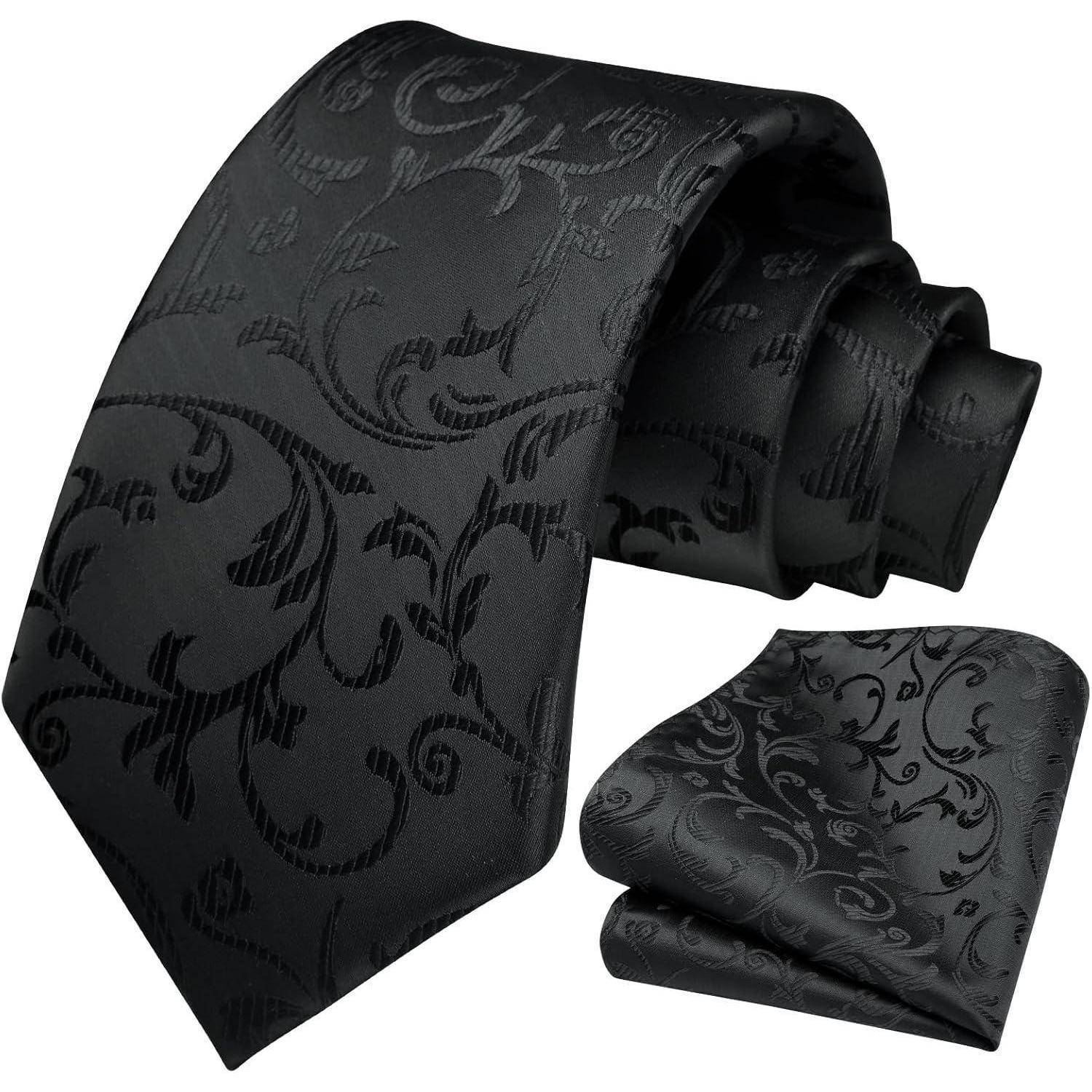 Krawatte Herren Einstecktuch Set Paisley Blume Hochzeit Schwarz 1