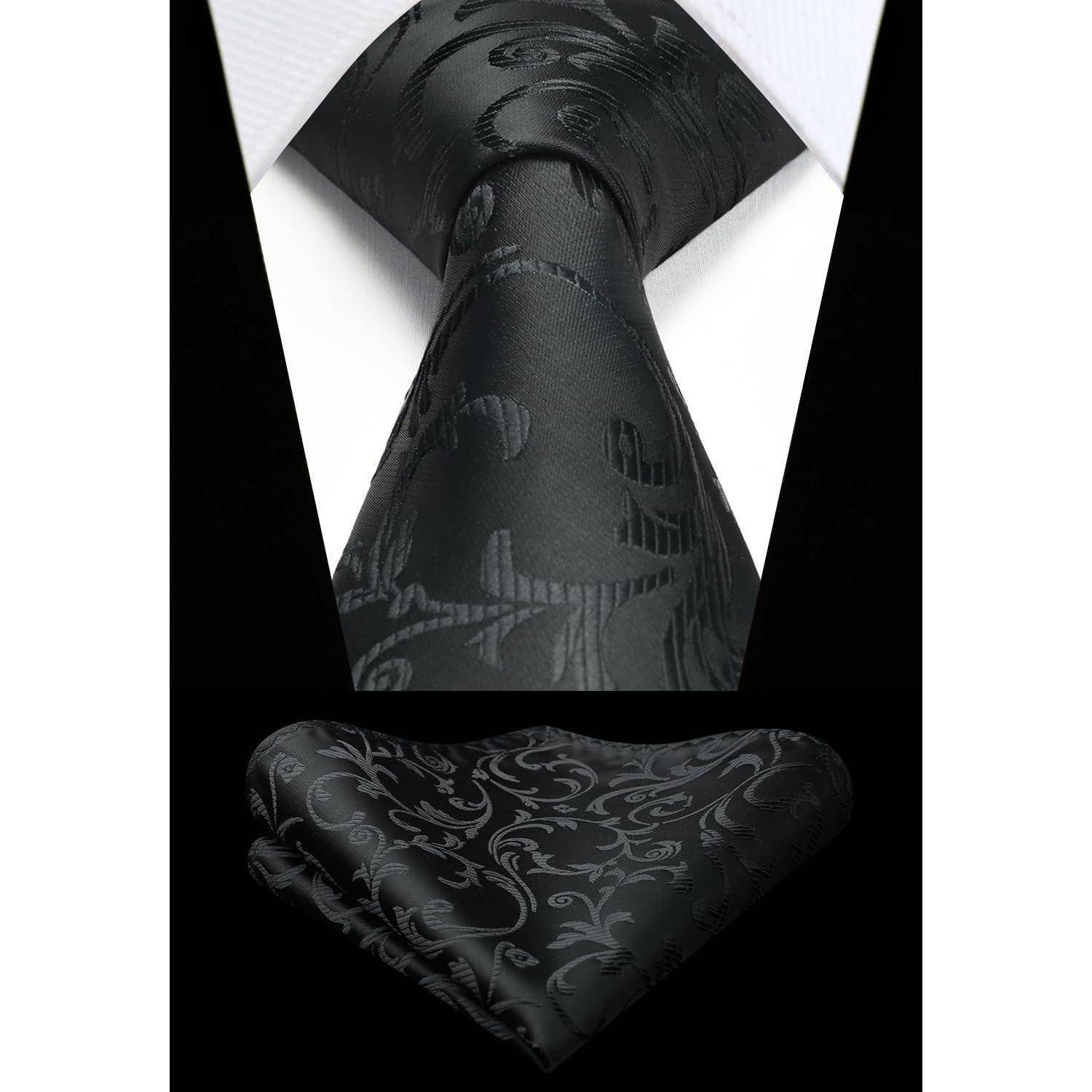 Krawatte Herren Einstecktuch Set Paisley Blume Hochzeit Schwarz 1