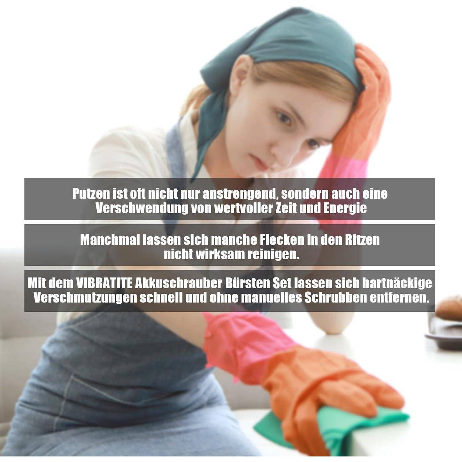 Eine Frau reinigt eine Oberfläche. Der Text hebt den kabellosem VIBRATITE Reiniger zum schnellen Entfernen hartnäckiger Flecken ohne manuelles Schrubben hervor.