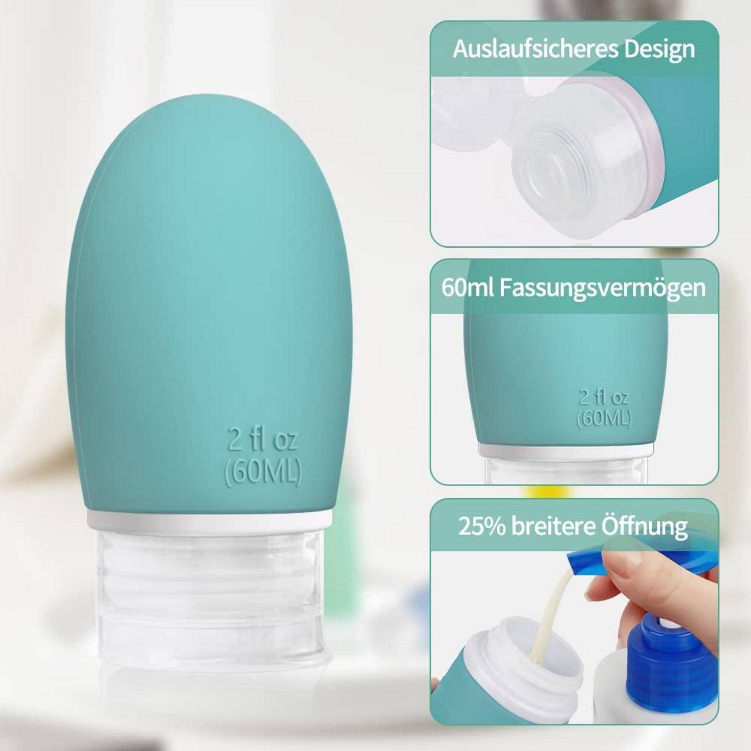 Reiseflaschen Silikon 60ml Auslaufsicher 4 Stück Blau Cyan Rosa Gelb