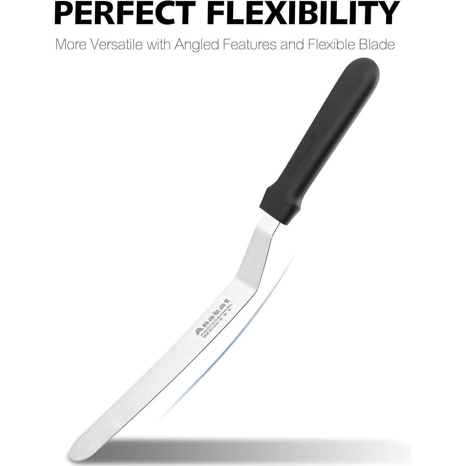 „Perfekte Flexibilität: Vielseitiger mit abgewinkelten Eigenschaften und flexibler Klinge." Bild zeigt ein kleines abgewinkeltes Messer mit schwarzem Griff.