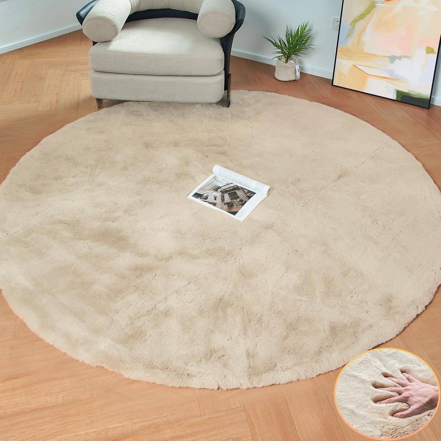 Teppich Fellteppich Kunstfell Wohnzimmer 150 cm (Rund) Beige