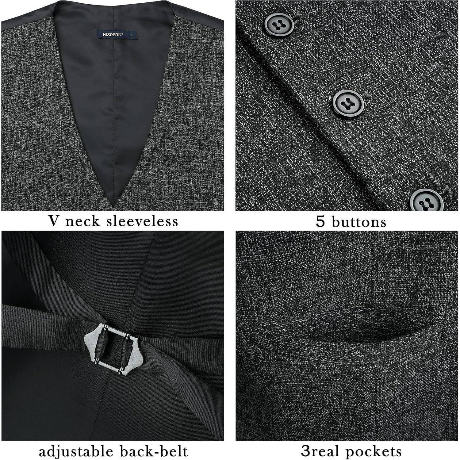 Vier Bilder, die verschiedene Details einer Weste zeigen: ein ärmelloses V-Ausschnitt-Vorderteil, fünf Knöpfe, einen verstellbaren Rückengürtel und drei echte Taschen.