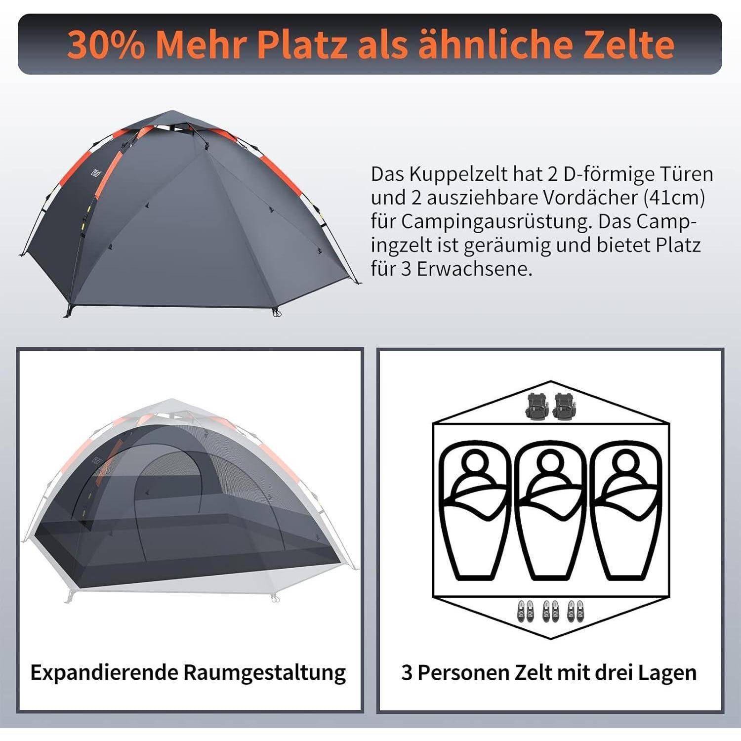 Camping Zelt 3 Personen Pop Up Wasserdicht 4 Jahreszeiten Backpacking
