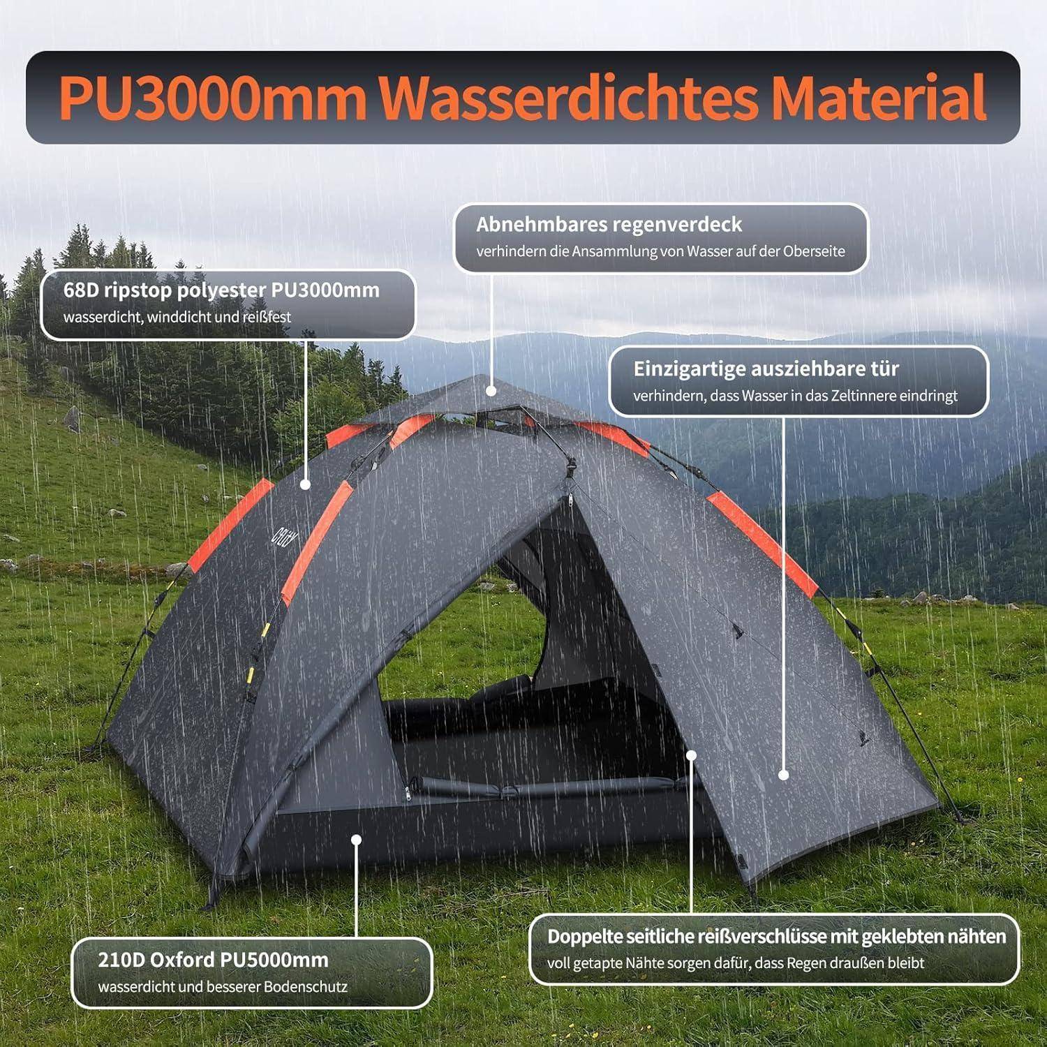 Camping Zelt 3 Personen Pop Up Wasserdicht 4 Jahreszeiten Backpacking
