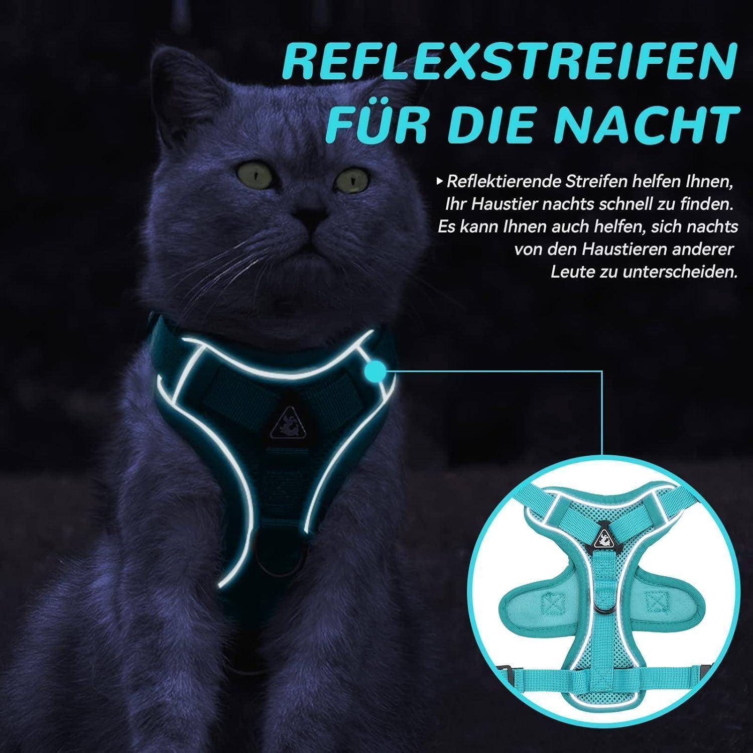 Eine Katze trägt ein leuchtendes Geschirr mit reflektierenden Streifen. Der deutsche Text erklärt dessen Verwendung für bessere Sichtbarkeit in der Nacht und unterstützt die Sicherheit von Haustieren.