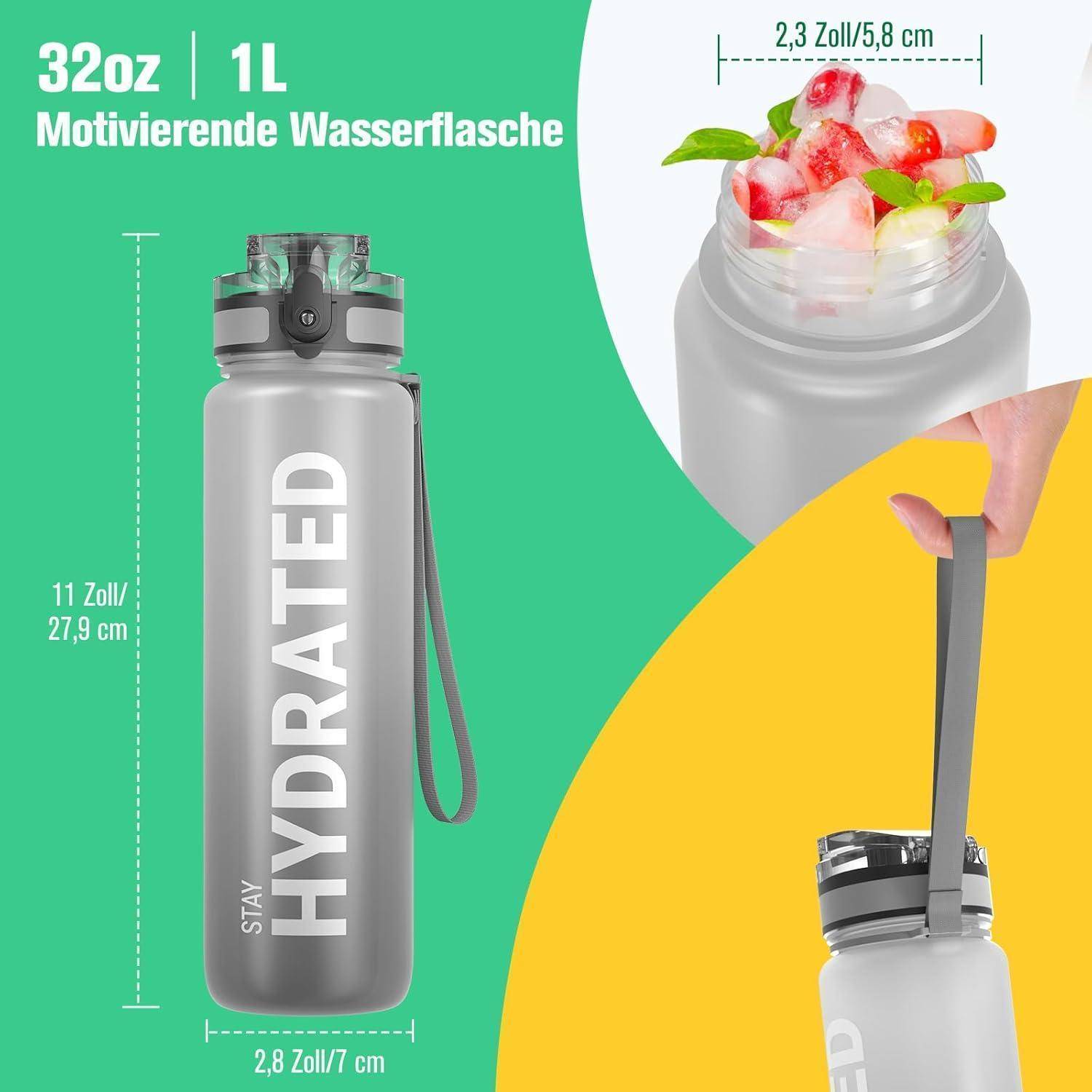 Sport Trinkflasche BPA-frei Tritan 1L Auslaufsicher Yoga Camping Gym