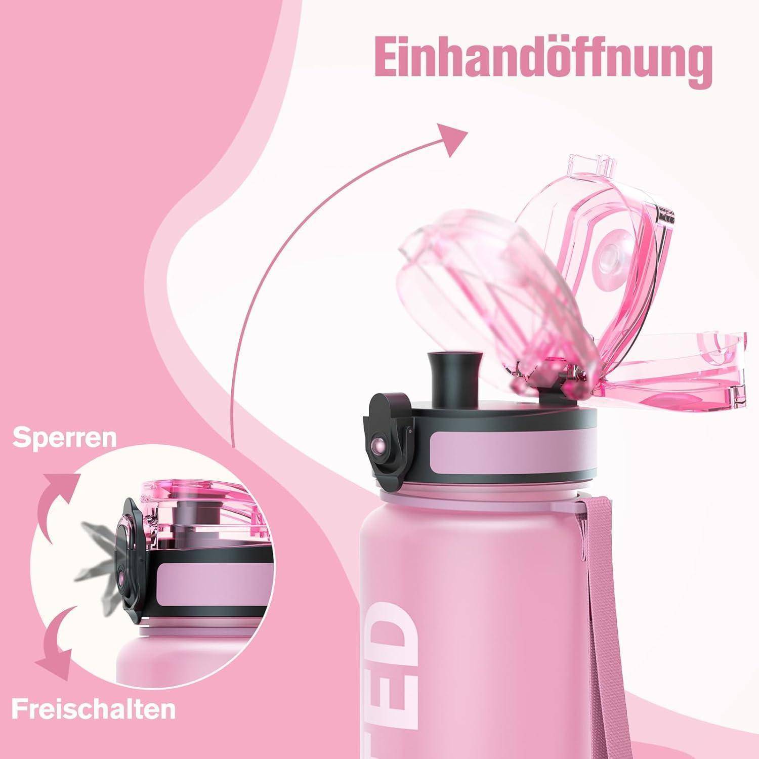 Einhandöffnung: Pinke Wasserflasche mit Klappdeckel, die einen Mechanismus für eine Öffnung mit einer Hand und eine Verschlussfunktion zeigt.