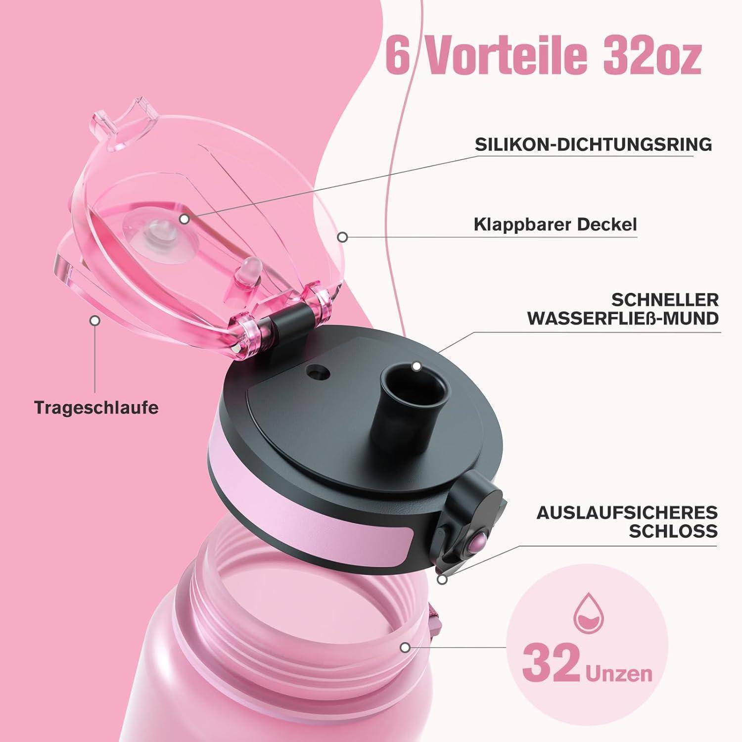 6 Vorteile 32oz' pinke Wasserflasche mit folgenden Eigenschaften: Silikon-Dichtung, Klappdeckel, schneller Wasserdurchfluss, sichere Verriegelung, Trageschlaufe. Fassungsvermögen von 32 Unzen.