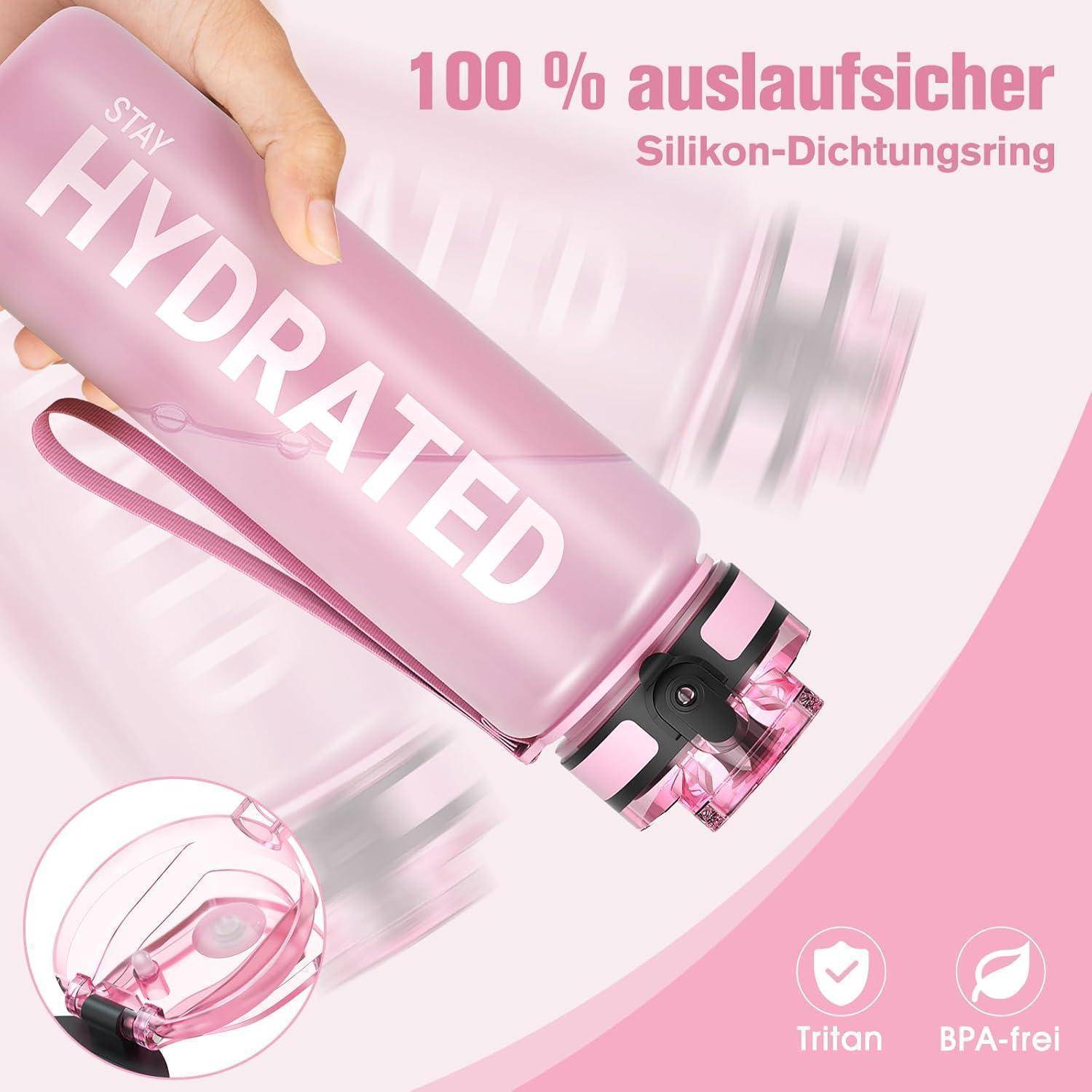Rosa Wasserflasche mit 'Stay Hydrated' Schriftzug, als 100% auslaufsicher gekennzeichnet, BPA-frei. Hergestellt aus Tritan-Material mit Silikonversiegelung.