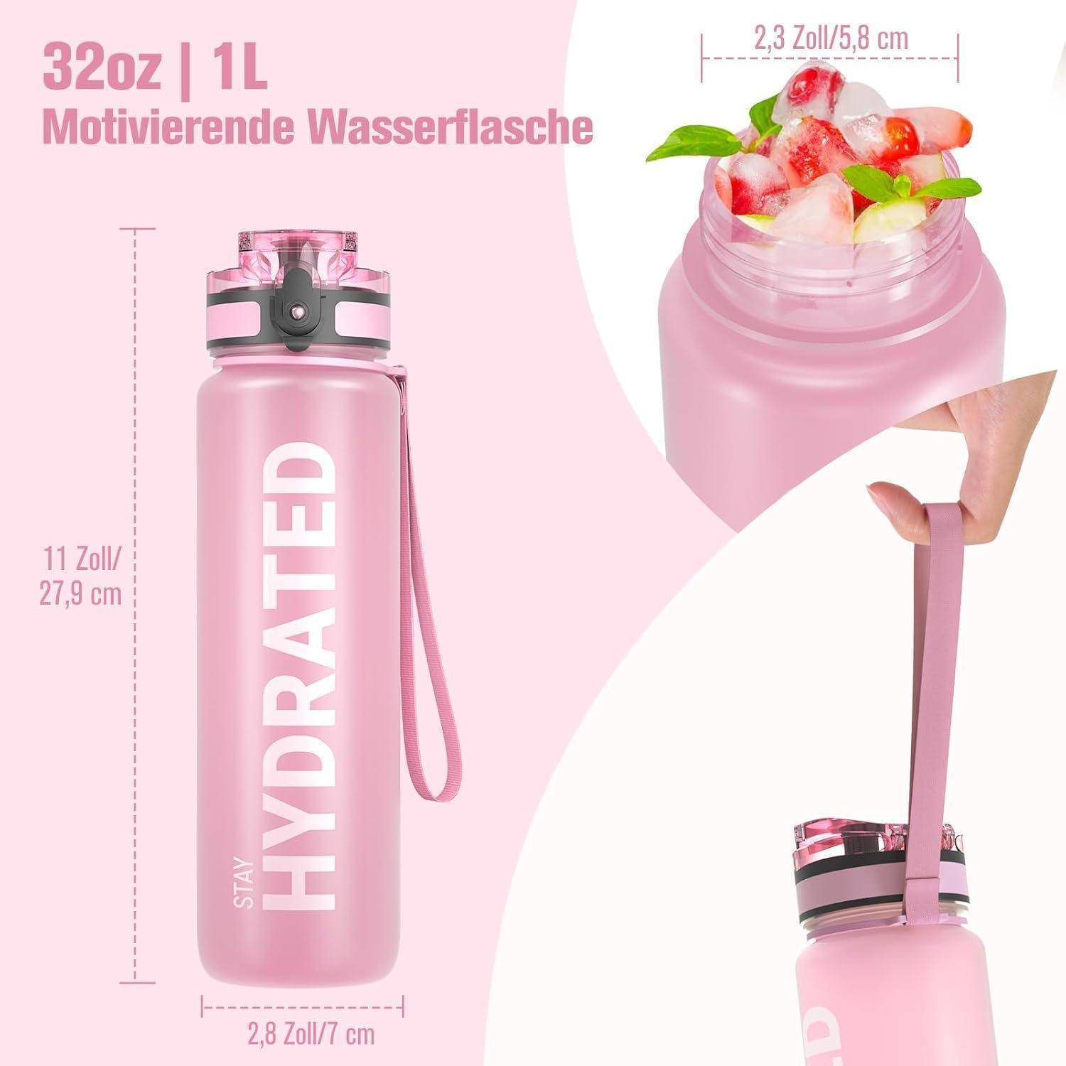Rosa Wasserflasche mit Aufschrift 
