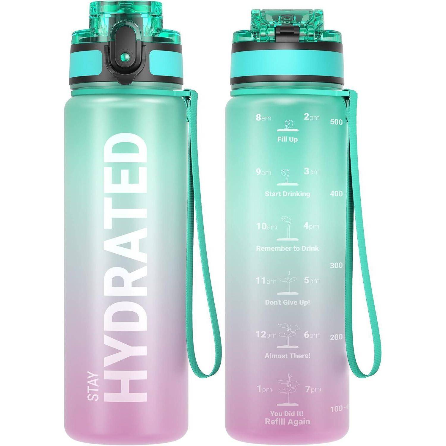 Wasserflasche mit Verlaufstexturen und dem Aufdruck 