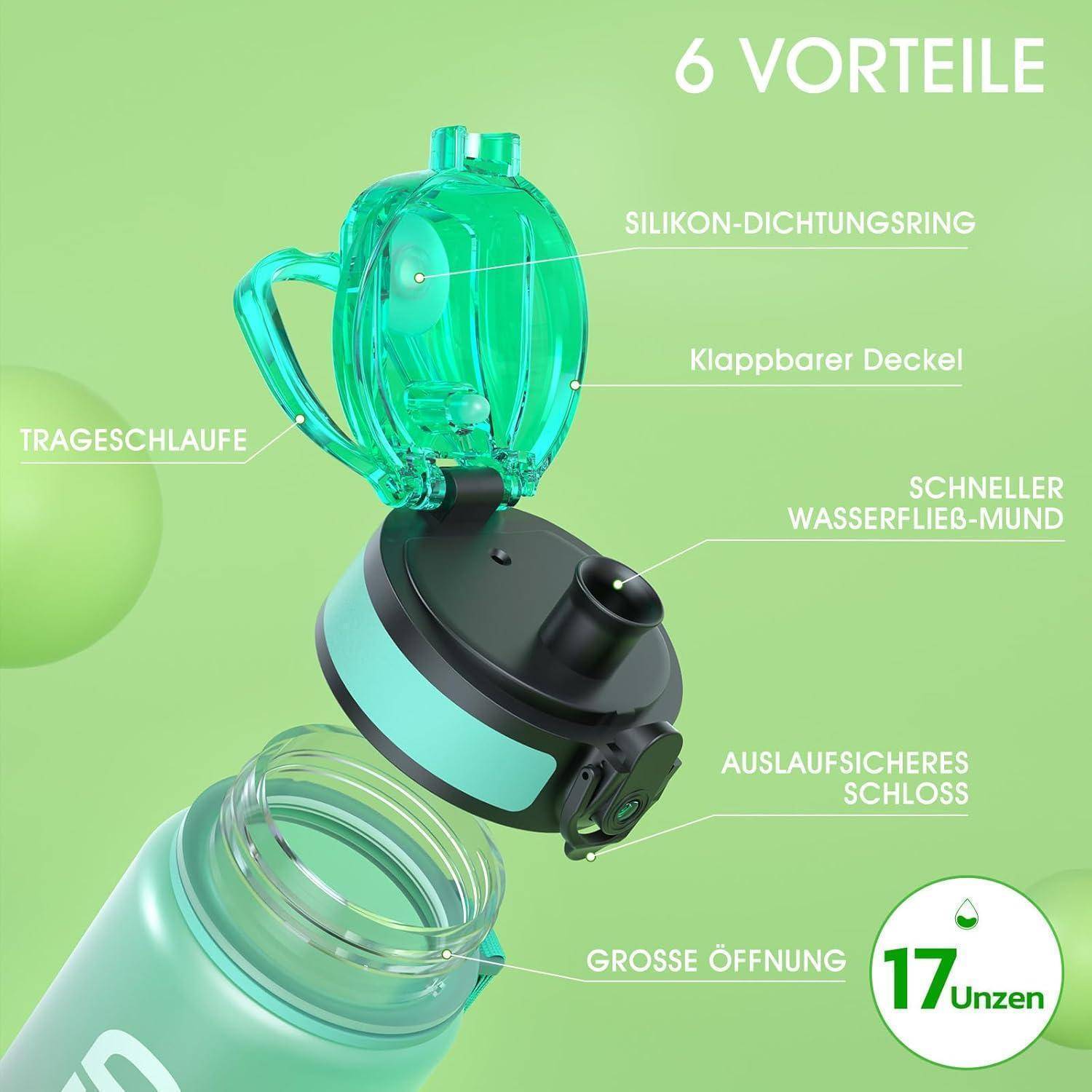 Eine grüne Flasche mit folgenden Merkmalen: Silikon-Dichtungsring, Klappdeckel, sicherer Verschluss, große Öffnung, Trageschlaufe. Text zeigt '6 Vorteile' und '17 Unzen'.