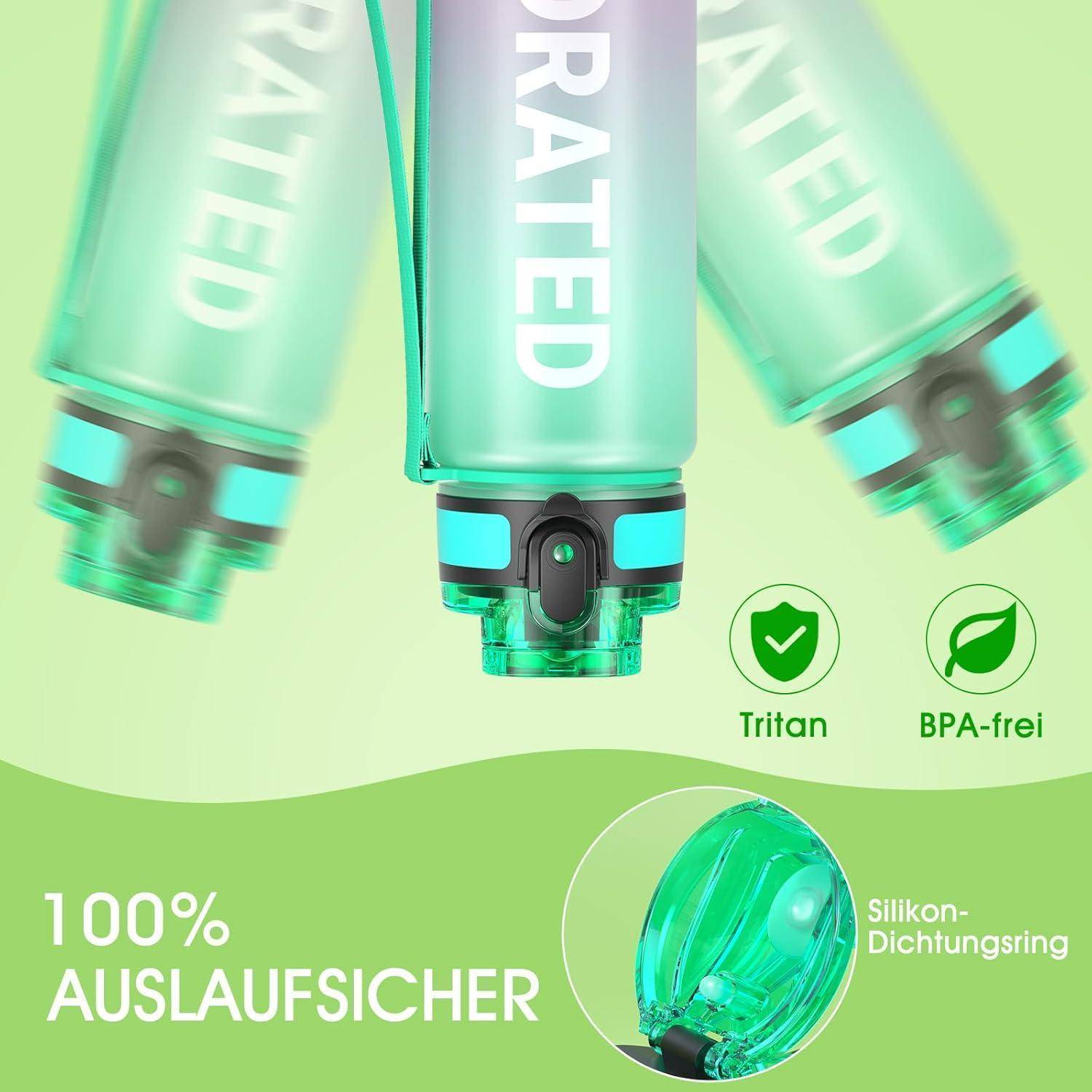 Eine transparente grüne Wasserflasche mit der Aufschrift 