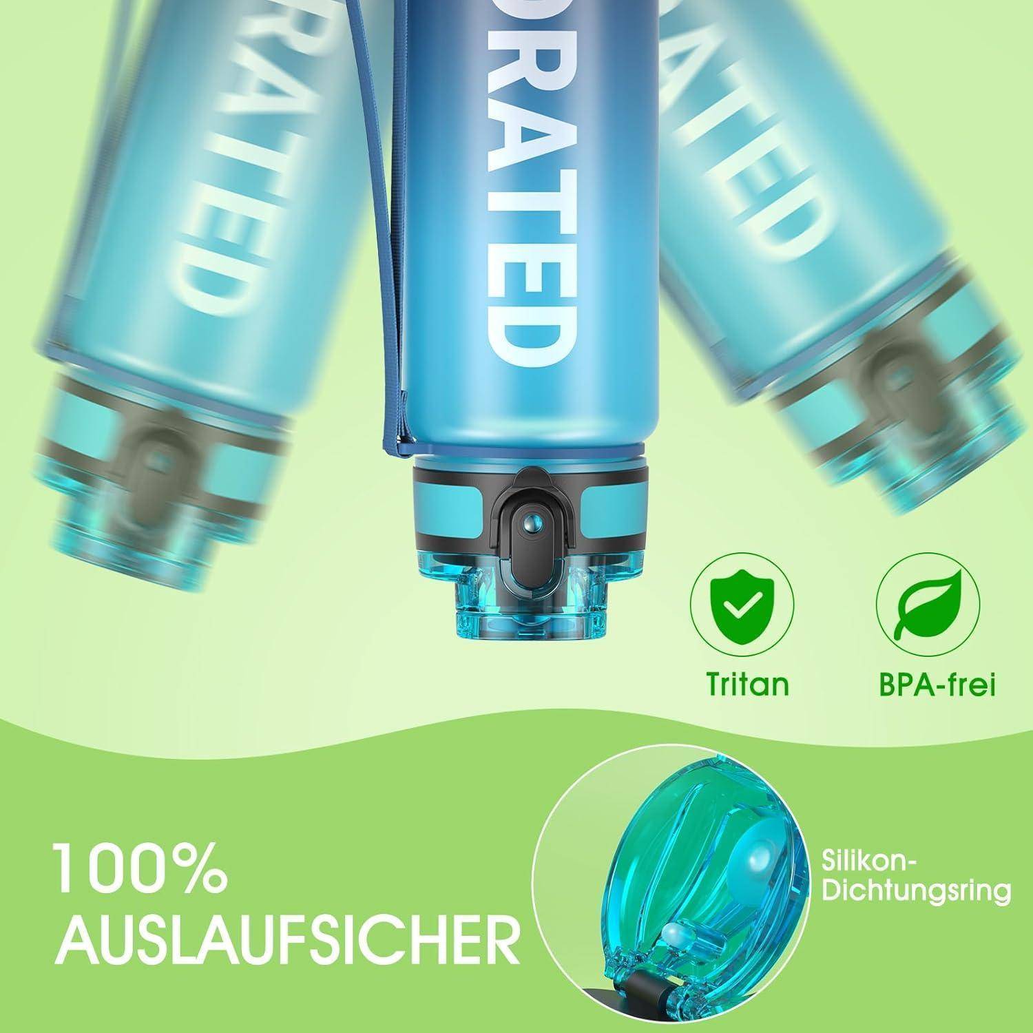 Wasserflasche aus Tritan, BPA-frei, betitelt 'HYDRATED', mit grünen Symbolen für Tritan-Material und BPA-freie Eigenschaften. Das Bild hebt einen Silikonabdichtungsring hervor.