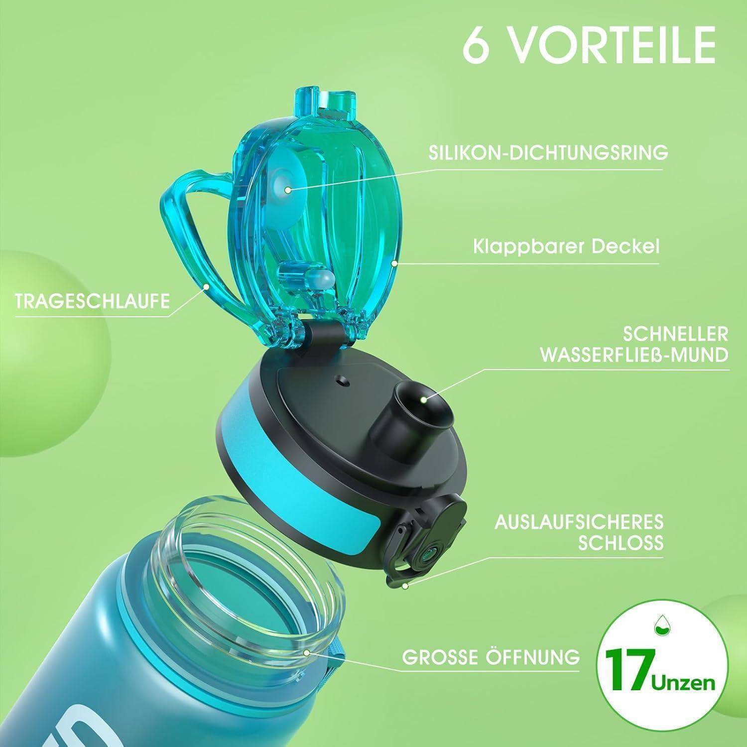 Eine blaue Wasserflasche mit einem faltbaren Deckel, Dichtungsring aus Silikon, Trageriemen, schnell fließender Ausguss, sicherer Verschluss, weiter Öffnung, beschriftet mit '17 Unzen'.