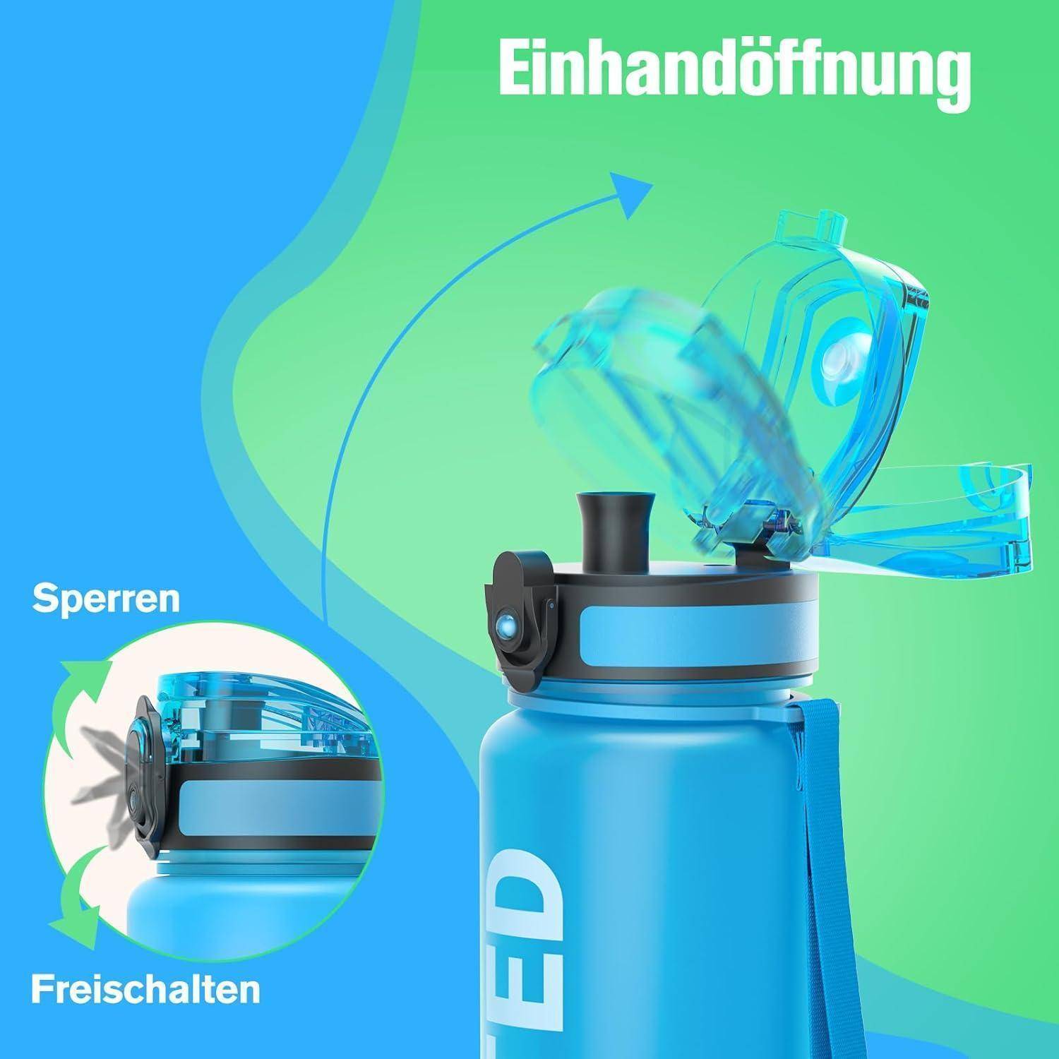 Eine blaue Wasserflasche mit einem gekennzeichneten 
