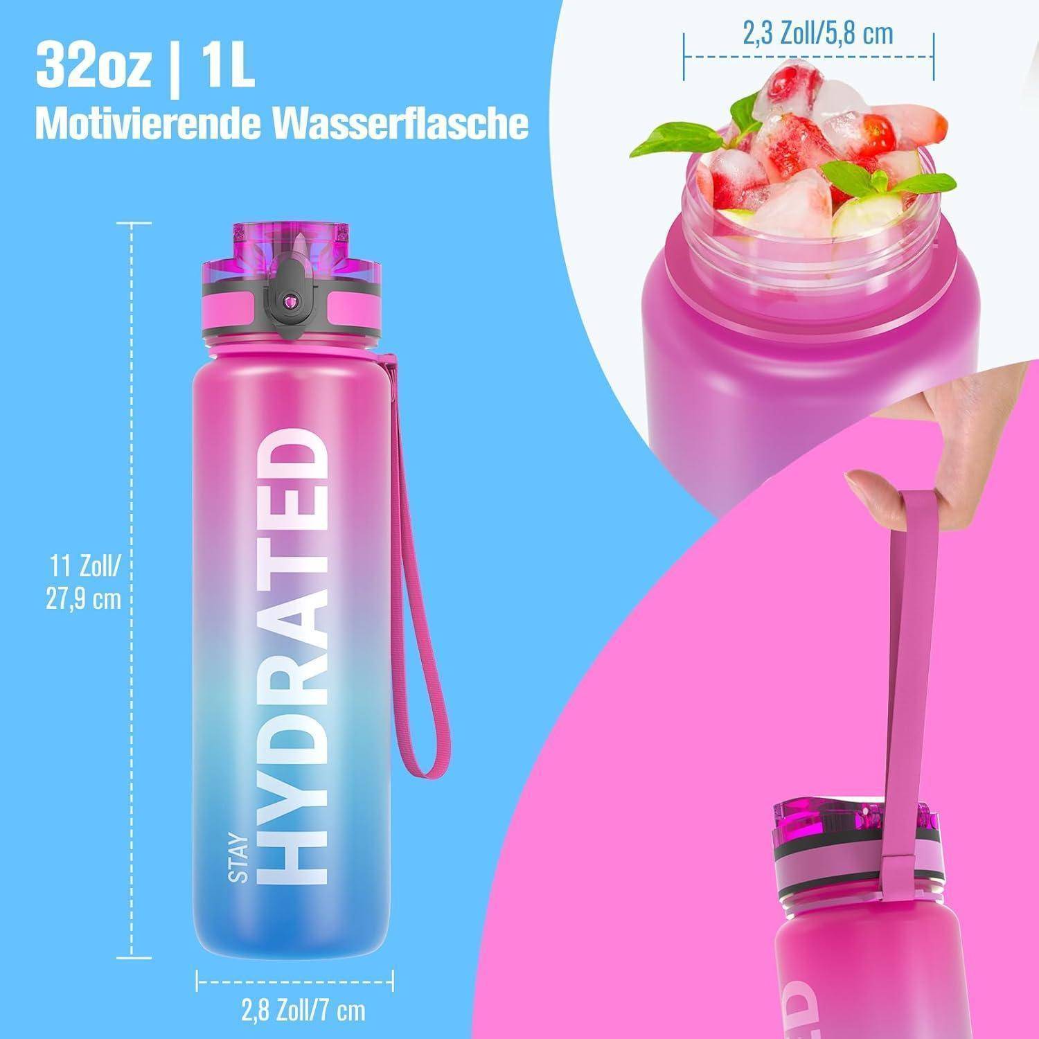 Motivationsflasche mit Zeitmarkierungen, 32oz/1L. Ausgestattet mit Messanleitung und buntem, fruchtinfusiertem Wasser im Inneren.