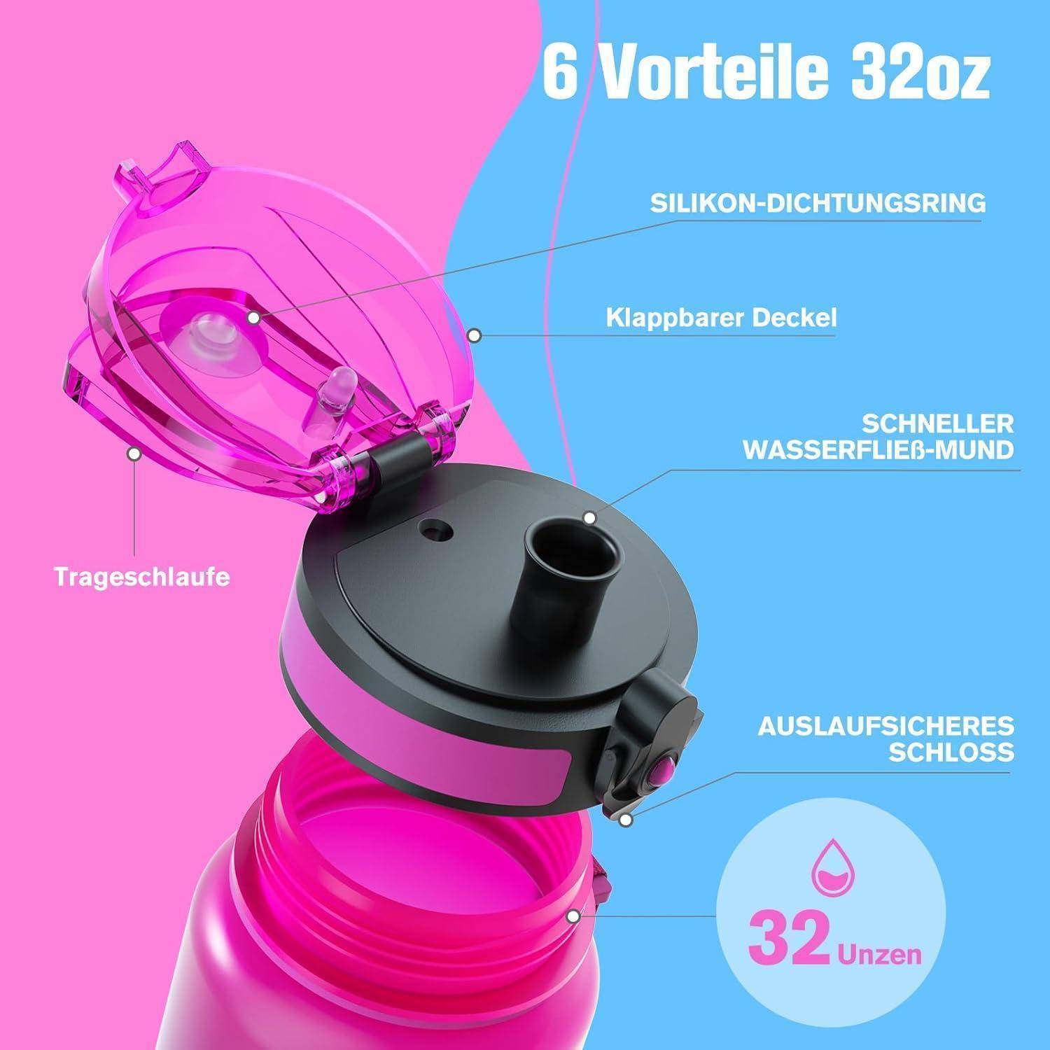 Rosa Wasserflasche mit Klappdeckel, Silikonabdichtungsring, auslaufsicherer Verschluss, schneller Wasserauslauf, Trageriemen, in Deutsch beschriftet. Fassungsvermögen: 32 Unzen.