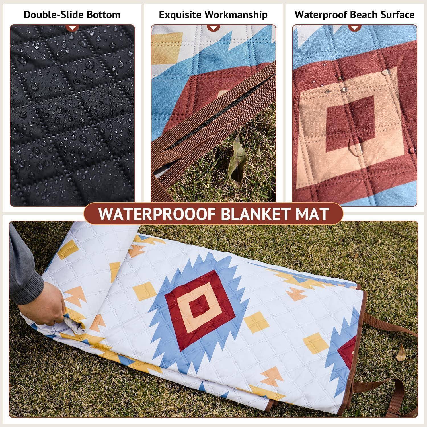 Das Bild zeigt eine wasserdichte Decke/Matte mit Nahaufnahmen ihrer Eigenschaften: Unterseite mit Doppelreißverschluss und Wassertropfen, exquisite Verarbeitung und eine wasserdichte Strandunterlage. Der Hauptbereich zeigt die Matte zusammengefaltet mit einem Aztekmuster und Trägern.