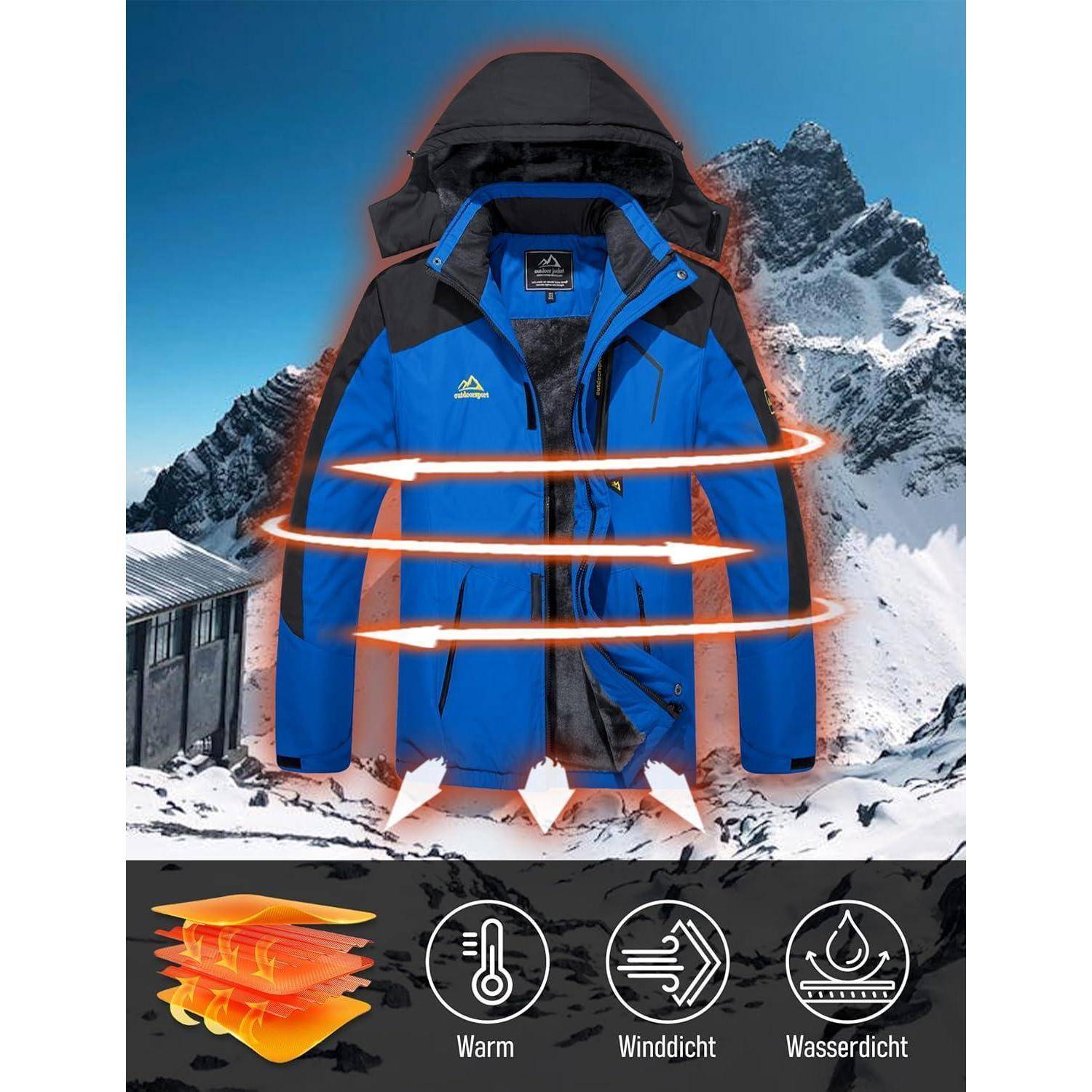 Herren Winter Skijacke Fleece Gefüttert Outdoor Wasserdicht Blau XL