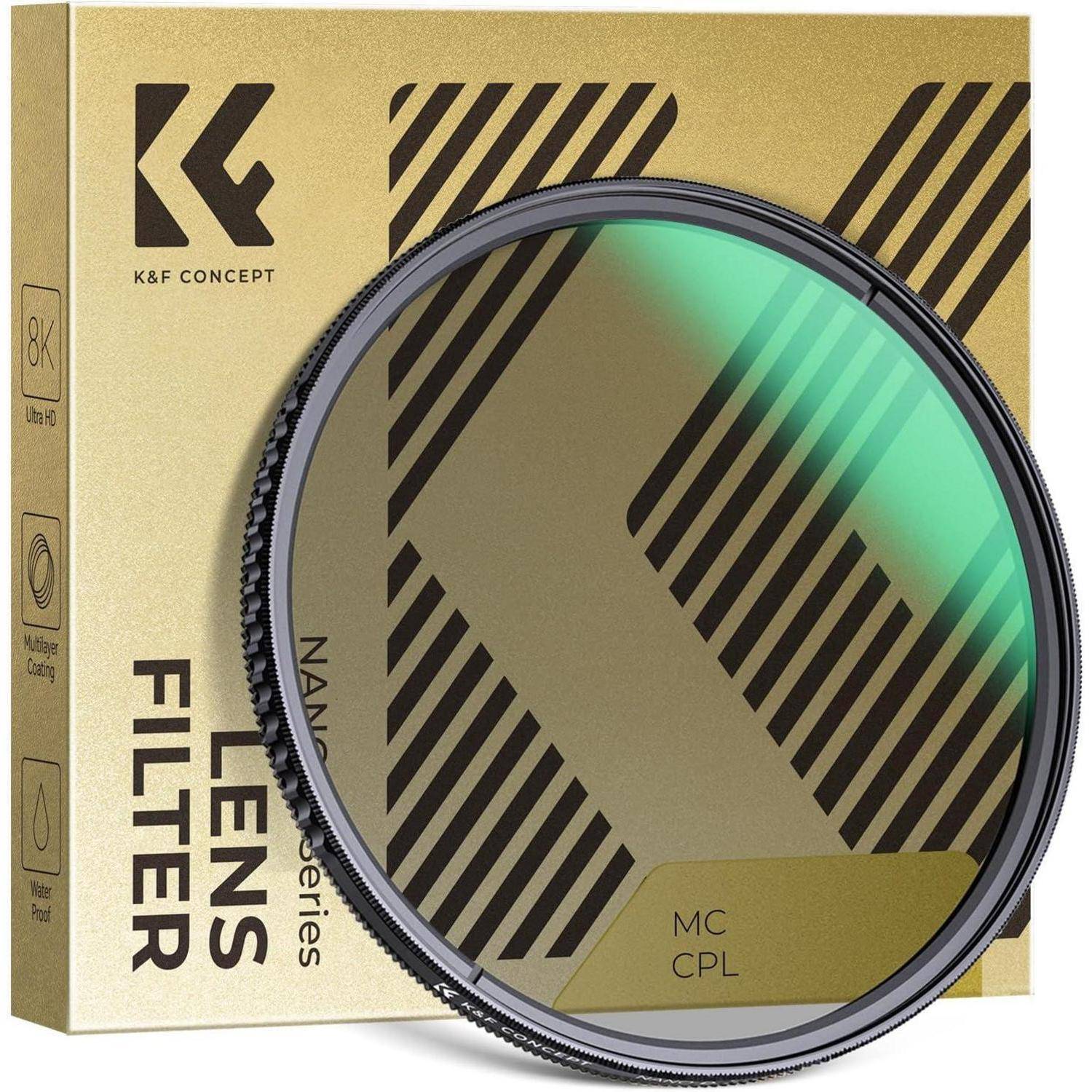 Kreisförmiger Kameraobjektivfilter mit Gold- und Schwarzdesign vor einer goldfarbenen Box mit der Aufschrift 