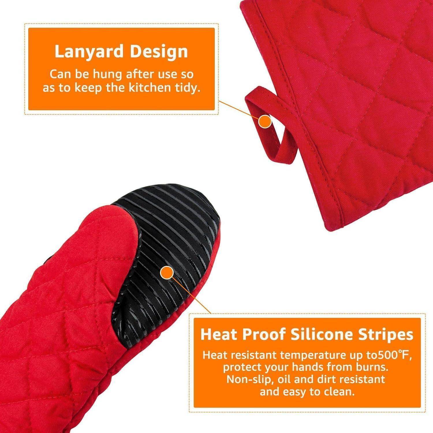 Roter Ofenhandschuh mit hitzebeständigen Silikonstreifen, der sein Schlaufendesign zum einfachen Aufhängen und Schutz bis zu 500°F hervorhebt.