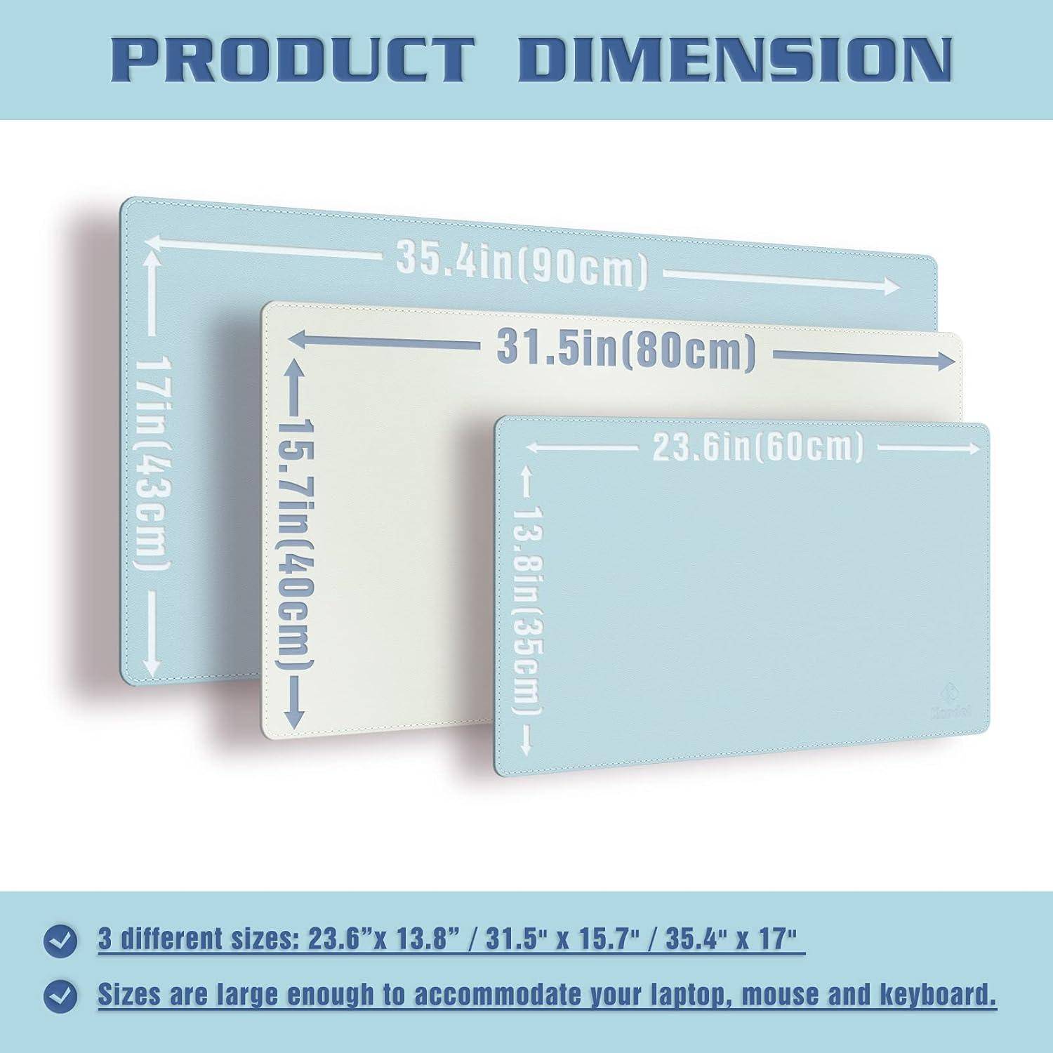 Produktabmessungen - Bild mit drei rechteckigen Matten, beschriftet mit Abmessungen: 35,4x17 Zoll, 31,5x15,7 Zoll und 23,6x13,8 Zoll. Größen passen zu Laptops.