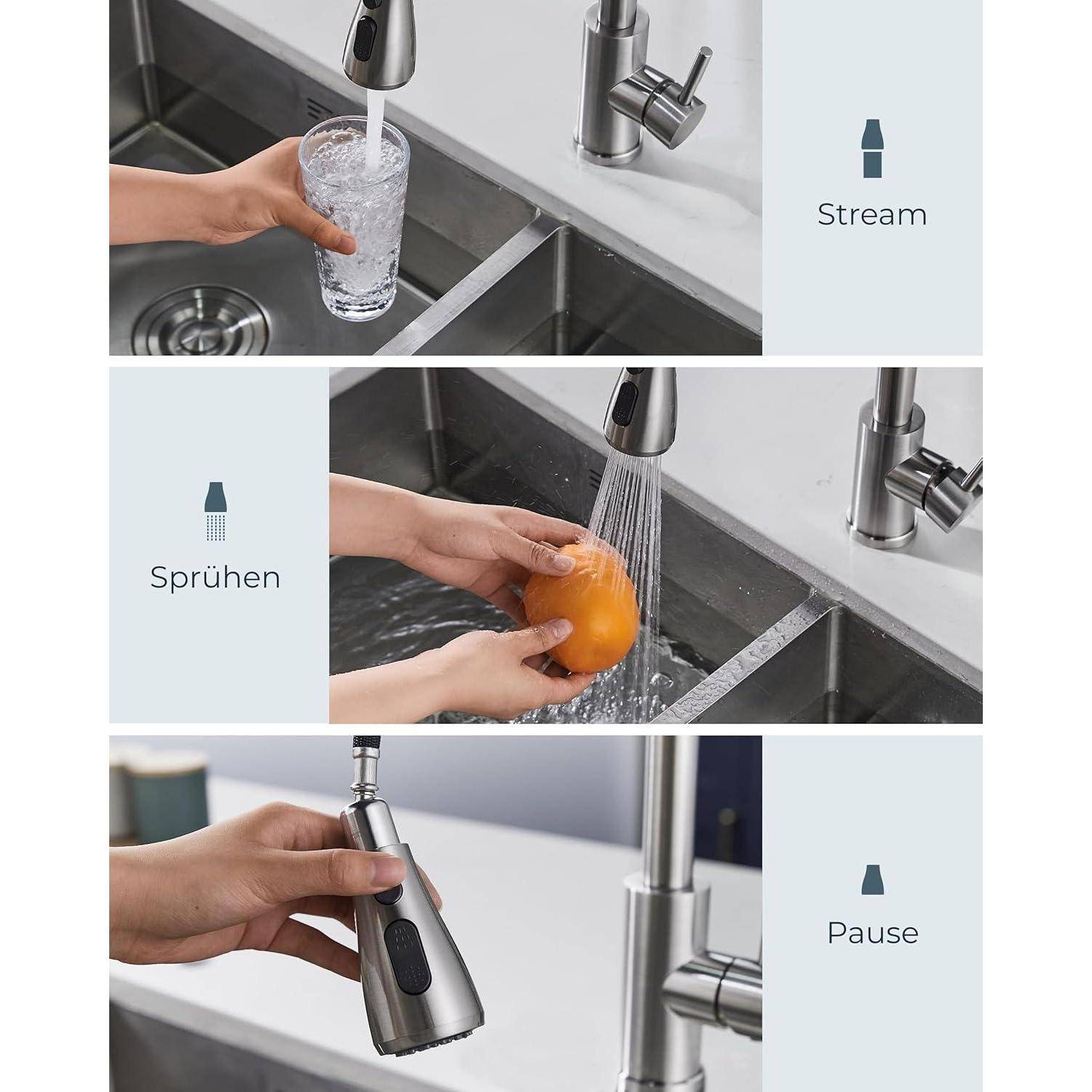 Eine Hand füllt ein Glas mit Wasser aus einem Wasserhahn, spritzt Wasser auf eine Orange und unterbricht den Wasserfluss und demonstriert damit verschiedene Funktionen des Wasserhahns: Strahl, Sprühen, Pause.