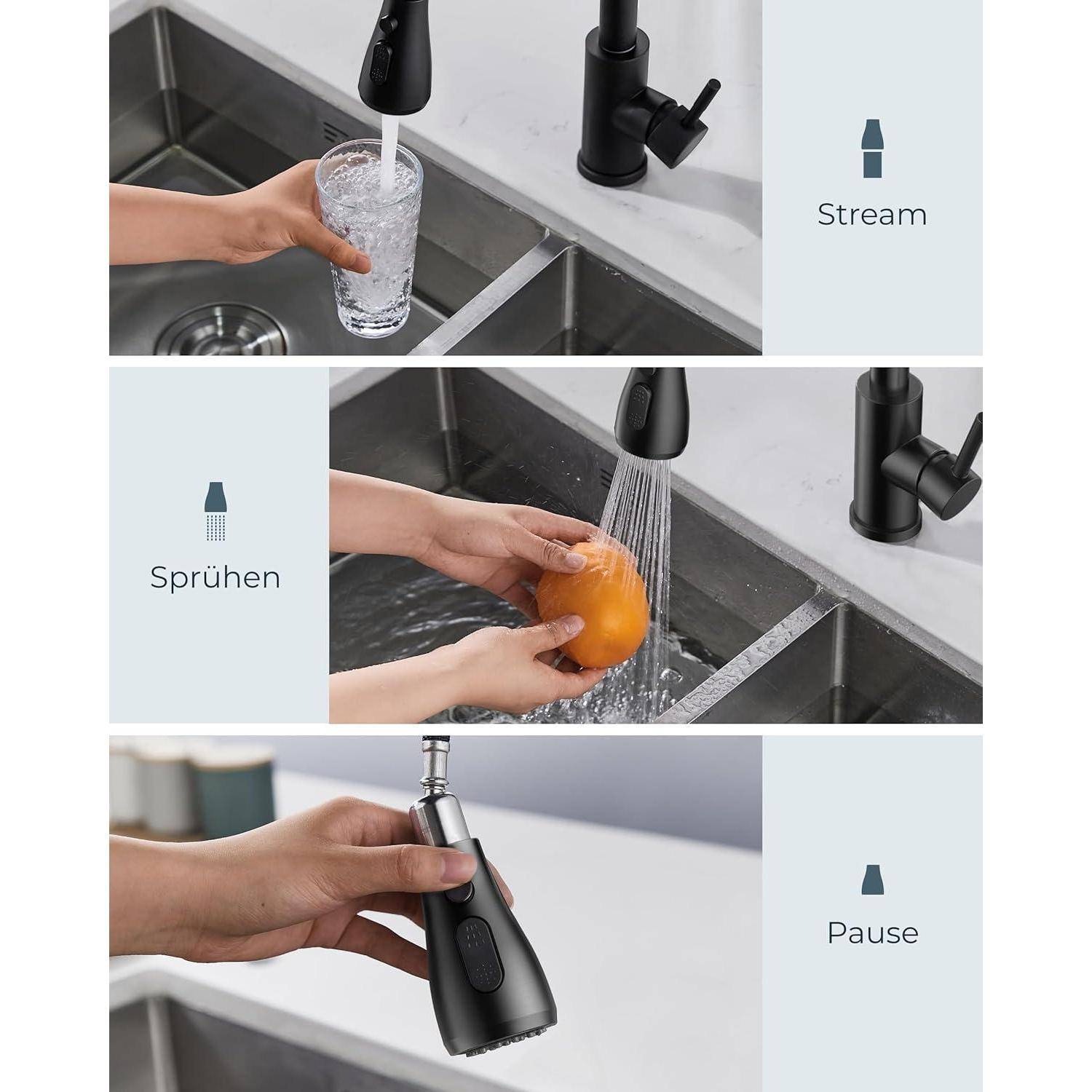 Drei Panels zeigen einen Wasserhahn mit verschiedenen Funktionen: 'Stream' füllt ein Glas, 'Sprühen' spült eine Orange ab, und 'Pause' stoppt den Wasserfluss vorübergehend.