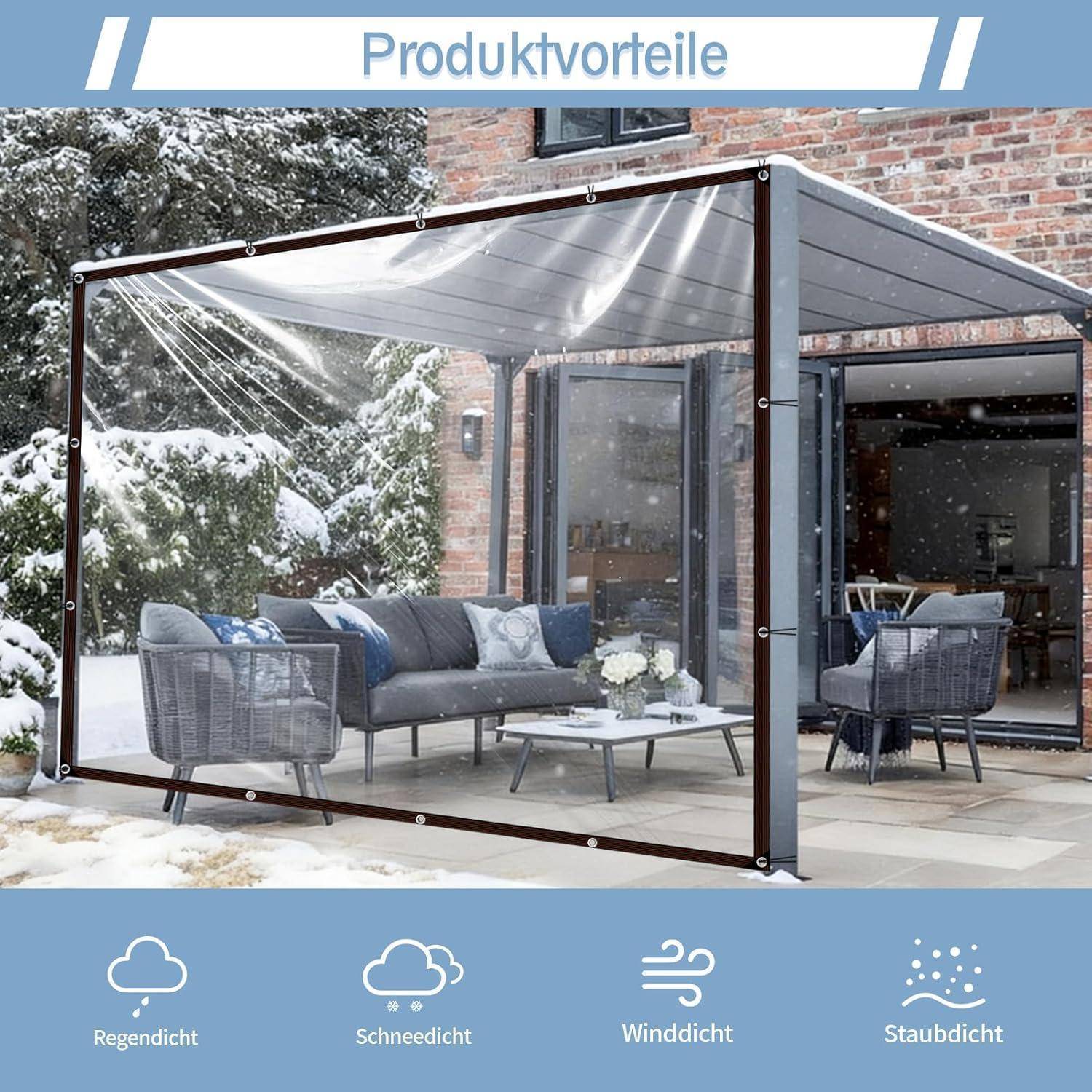 Eine moderne Outdoor-Sitzfläche unter einer transparenten Pergola, umgeben von Schnee. Symbole darunter zeigen, dass sie regenfest, schneesicher, winddicht und staubdicht ist.