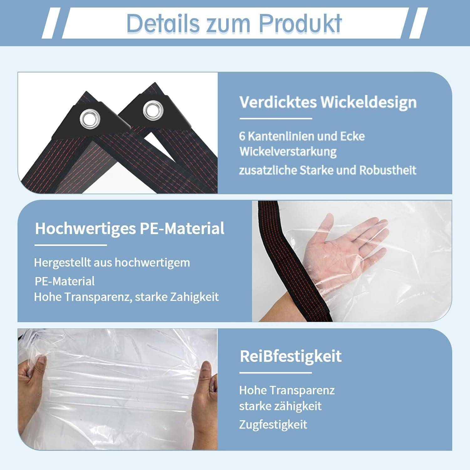 Produktdetails': Ein Bild, das drei Merkmale eines Produkts zeigt: verstärkte Plane-Konstruktion, hochwertiges PE-Material und Reißfestigkeit.
