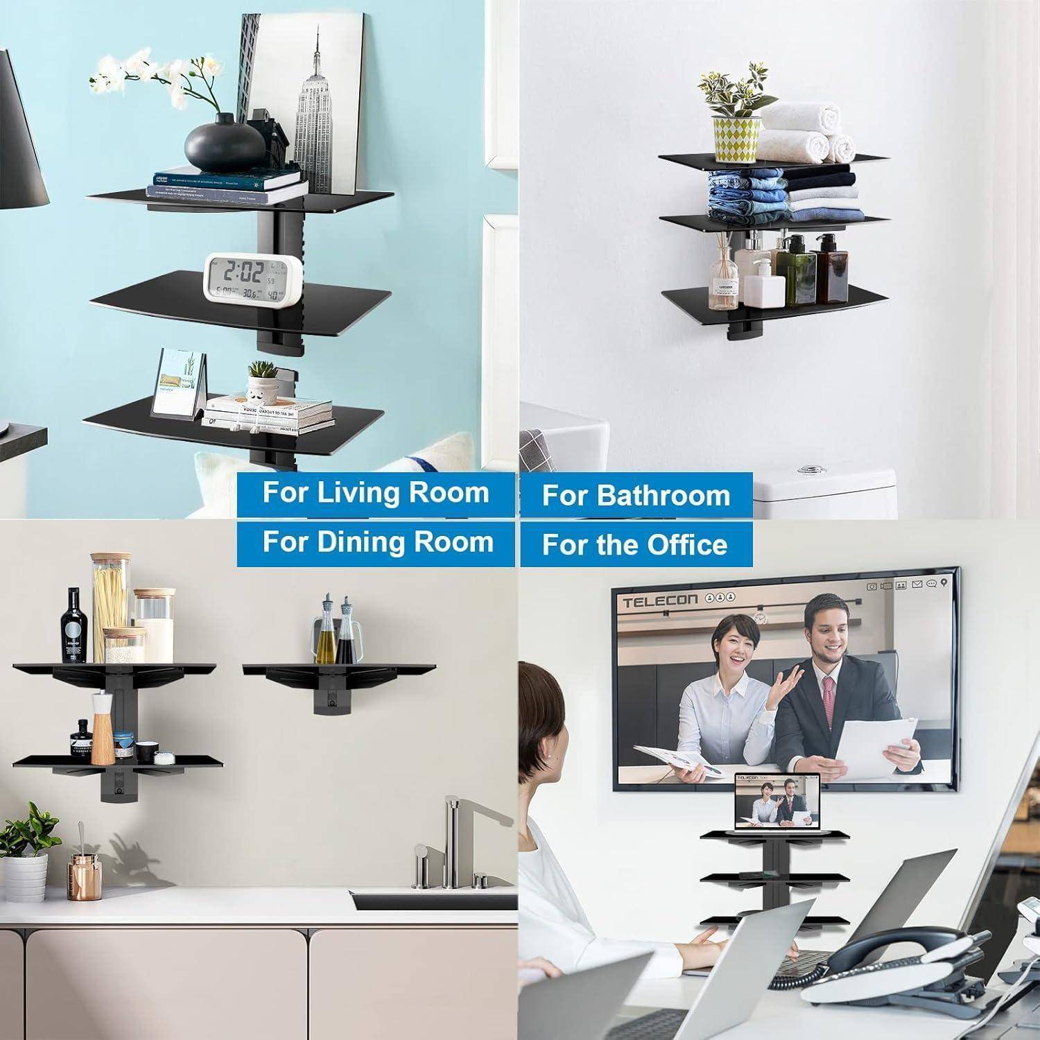 Schwebende Regale in verschiedenen Räumen: Wohnzimmer mit Deko, Badezimmer mit Toilettenartikeln, Esszimmer mit Geschirr, Arbeitszimmer mit Monitor.