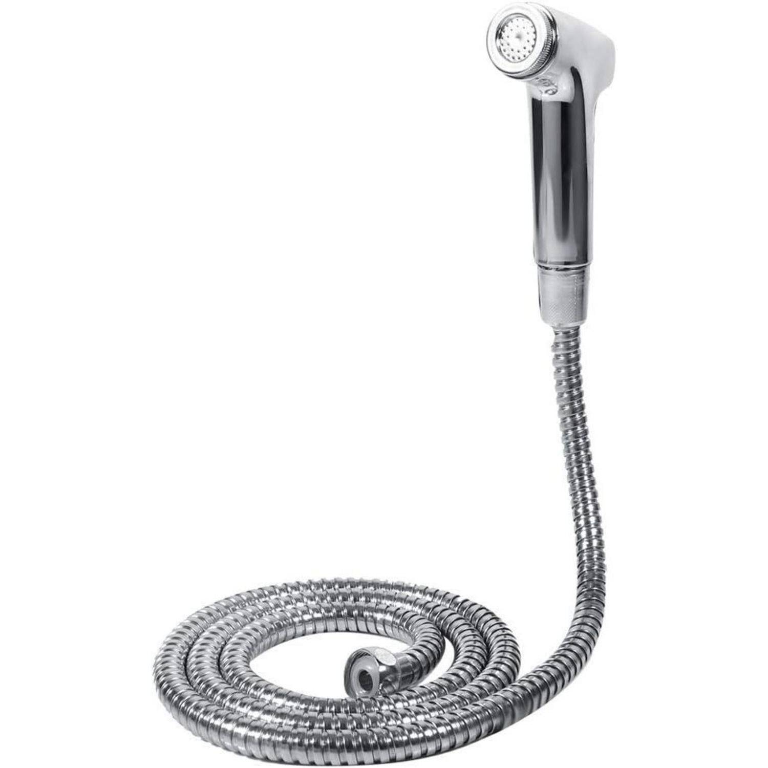 Ein tragbarer Bidet-Spritzer mit glänzender Chromoberfläche ist an einem flexiblen Schlauch befestigt und wird zur persönlichen Hygiene verwendet.