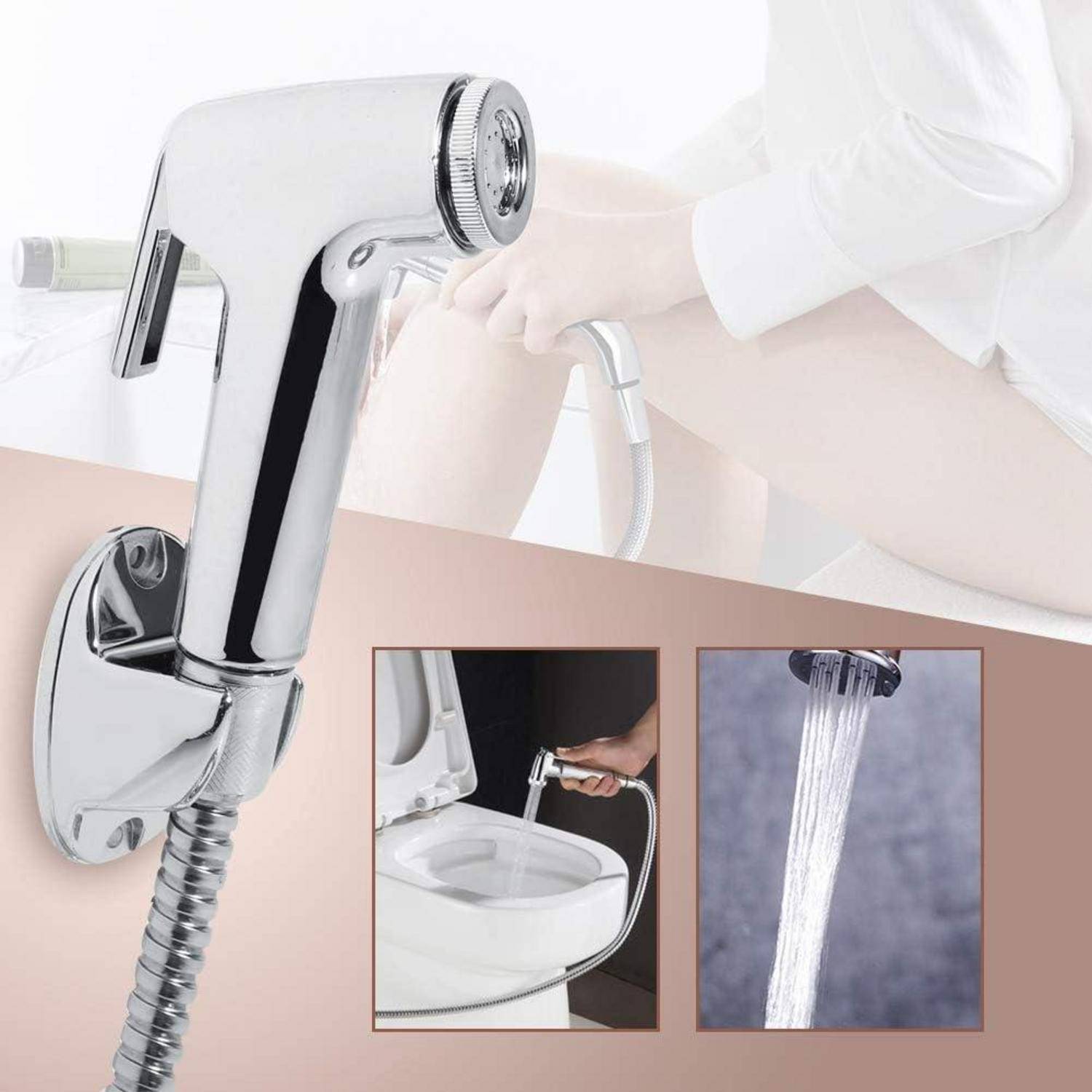 Tragbares Bidet-Sprühgerät an einer Wand montiert mit flexiblem Schlauch. Enthält Bilder, die seine Verwendung zum Reinigen einer Toilette und zur Bereitstellung eines Wasserstrahl zeigen.