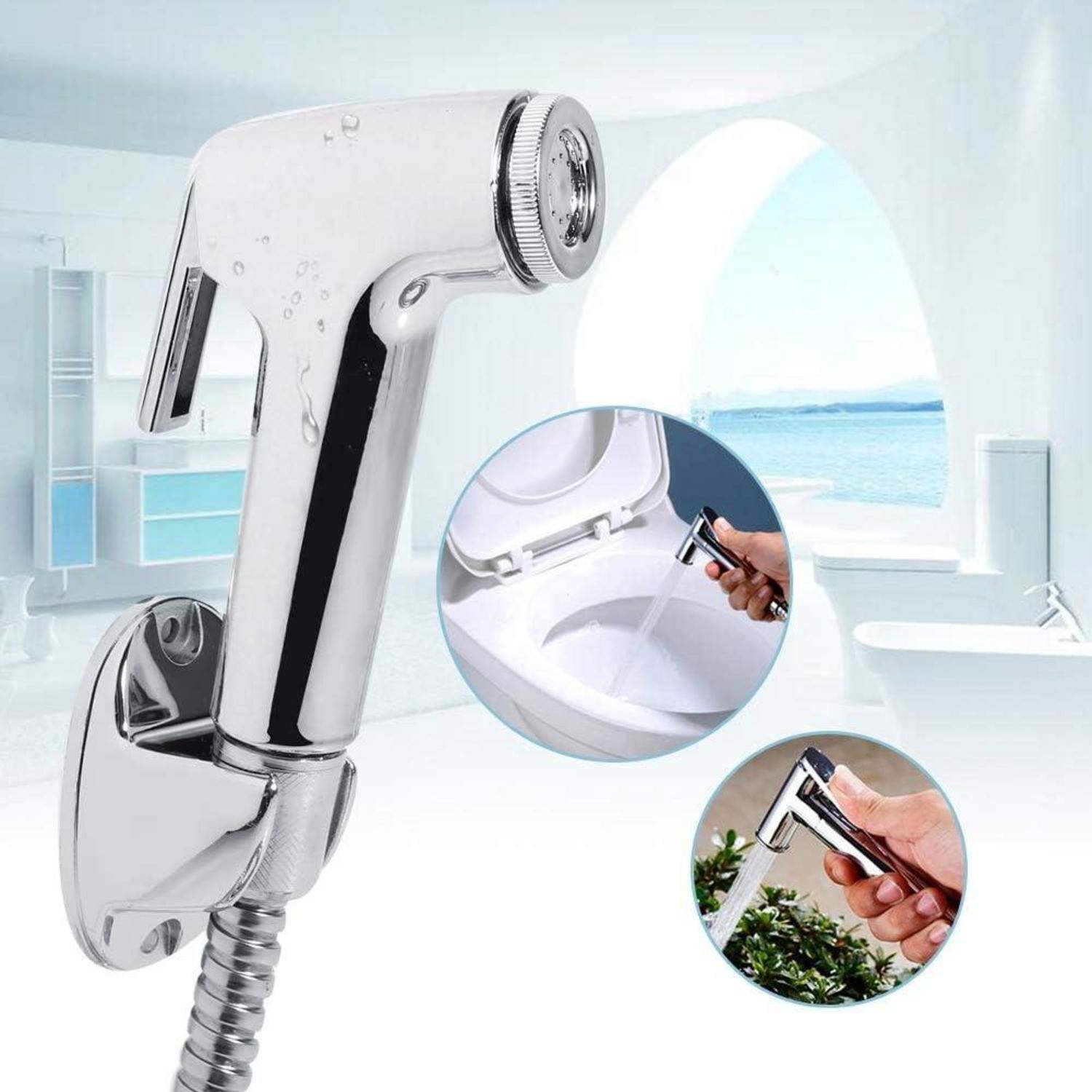 Tragbarer Bidet-Sprayer an einer Badezimmerwand befestigt. Einblendungen zeigen Verwendungsmöglichkeiten zum Reinigen einer Toilette und zum Bewässern von Pflanzen.