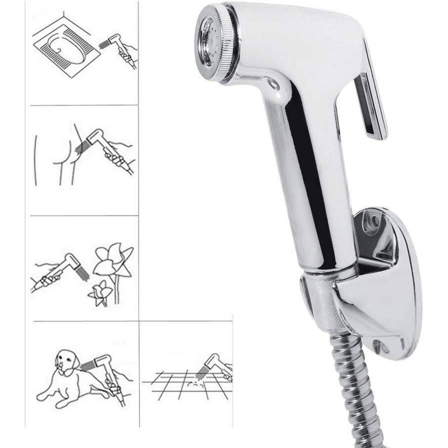 Tragbarer Bidet-Sprayer neben einer Reihe von Diagrammen, die verschiedene Anwendungsmöglichkeiten veranschaulichen: Reinigung von Toiletten, Pflanzen, Haustieren und Oberflächen.