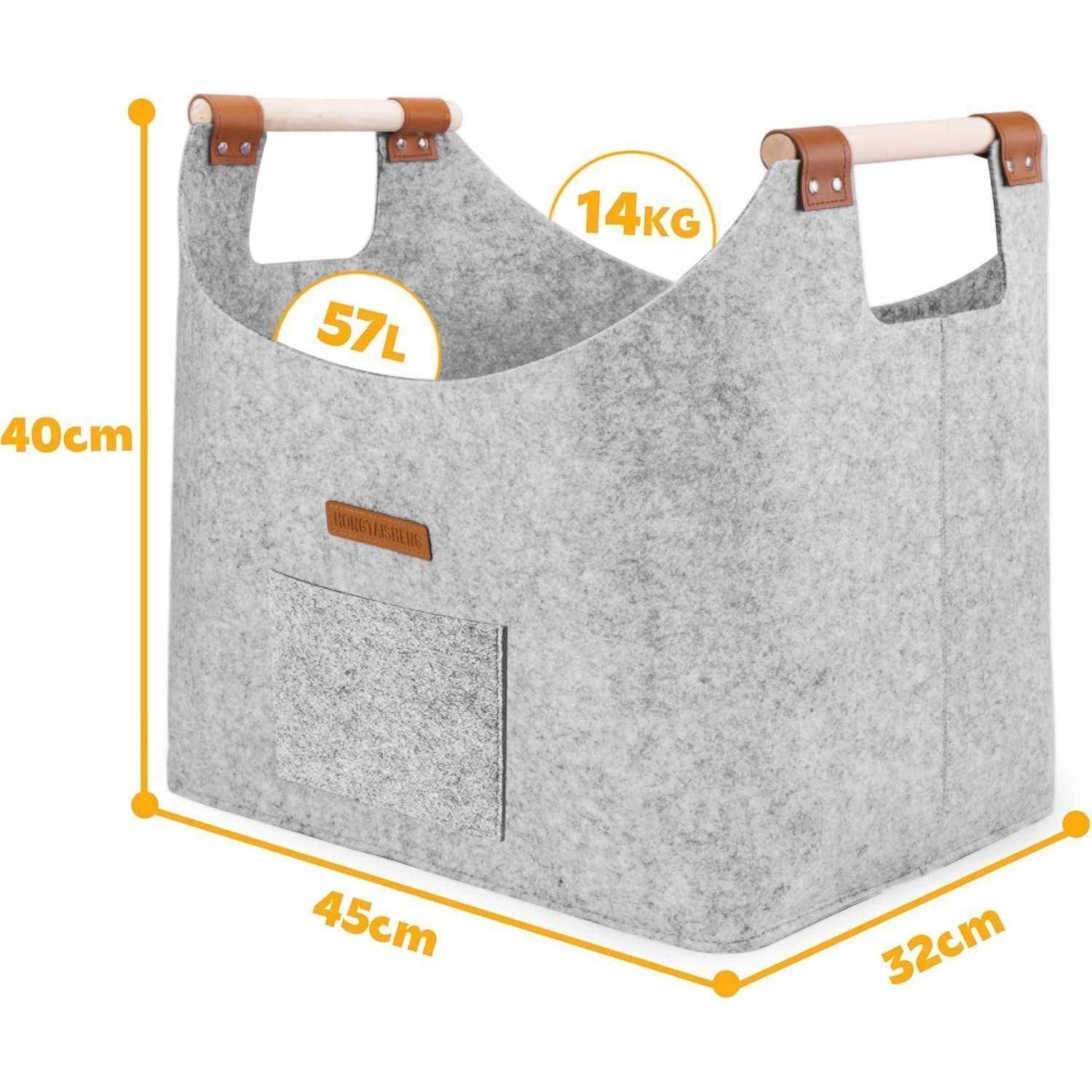 Graue Filz-Aufbewahrungsbox mit braunen Griffen. Angegebene Maße: Höhe 40 cm, Breite 45 cm, Tiefe 32 cm. Volumen: 57 L, maximale Traglast: 14 kg.
