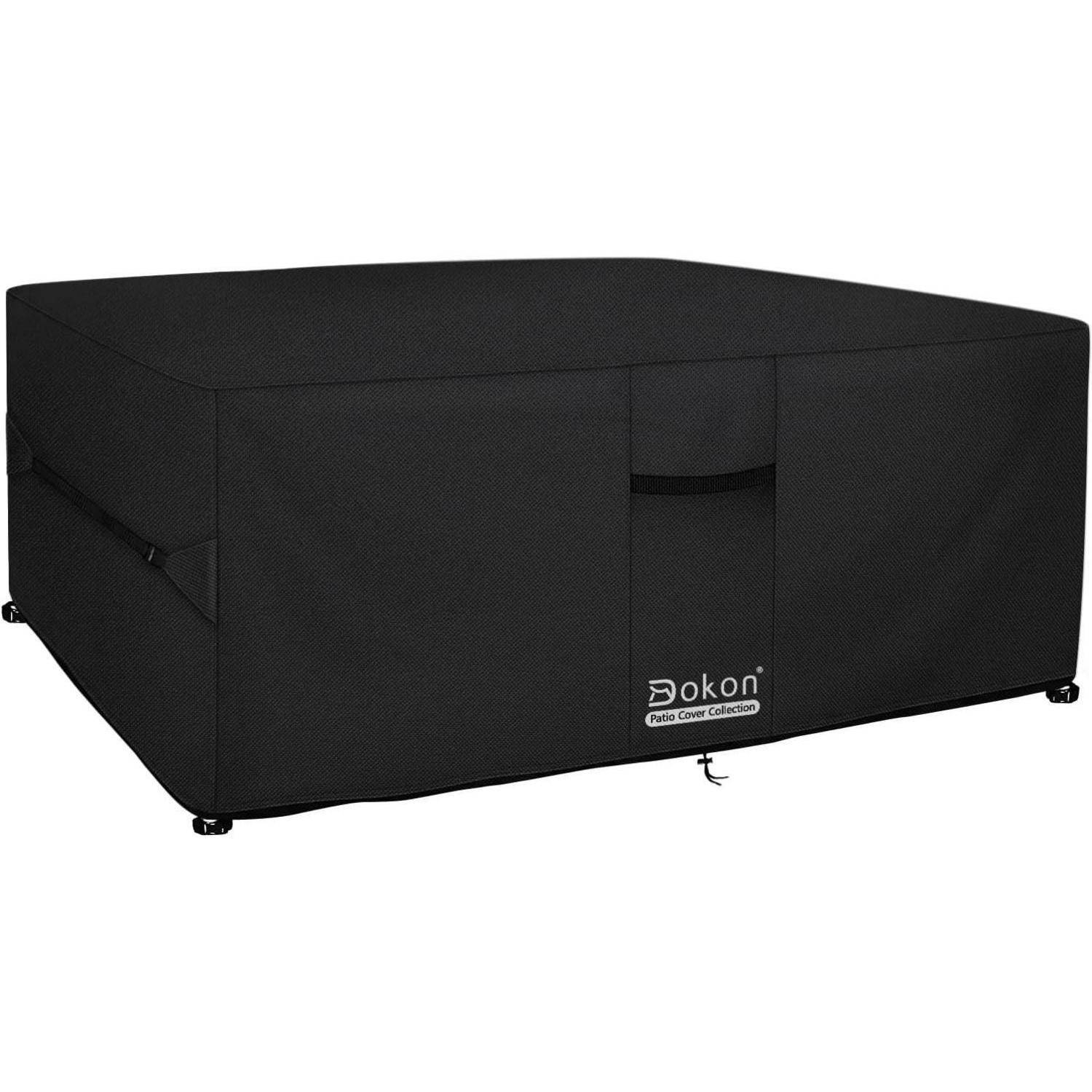 Schwarze rechteckige Abdeckung für Gartenmöbel, mit der Aufschrift 'Dokon Patio Cover Collection'.