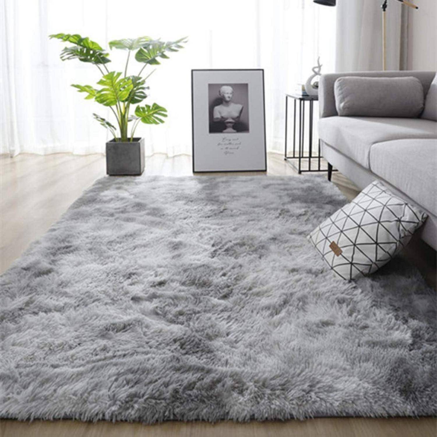 Ein gemütliches Wohnzimmer zeigt einen grauen, zottligen Teppich, ein modernes Sofa mit einem geometrischen Kissen, eine Topfpflanze und ein gerahmtes Porträt auf dem Boden.