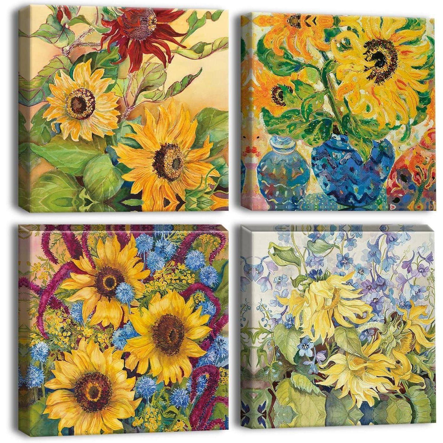 Moderne Sonnenblumen Leinwandbilder 4-teilig 30x30cm Wanddekoration